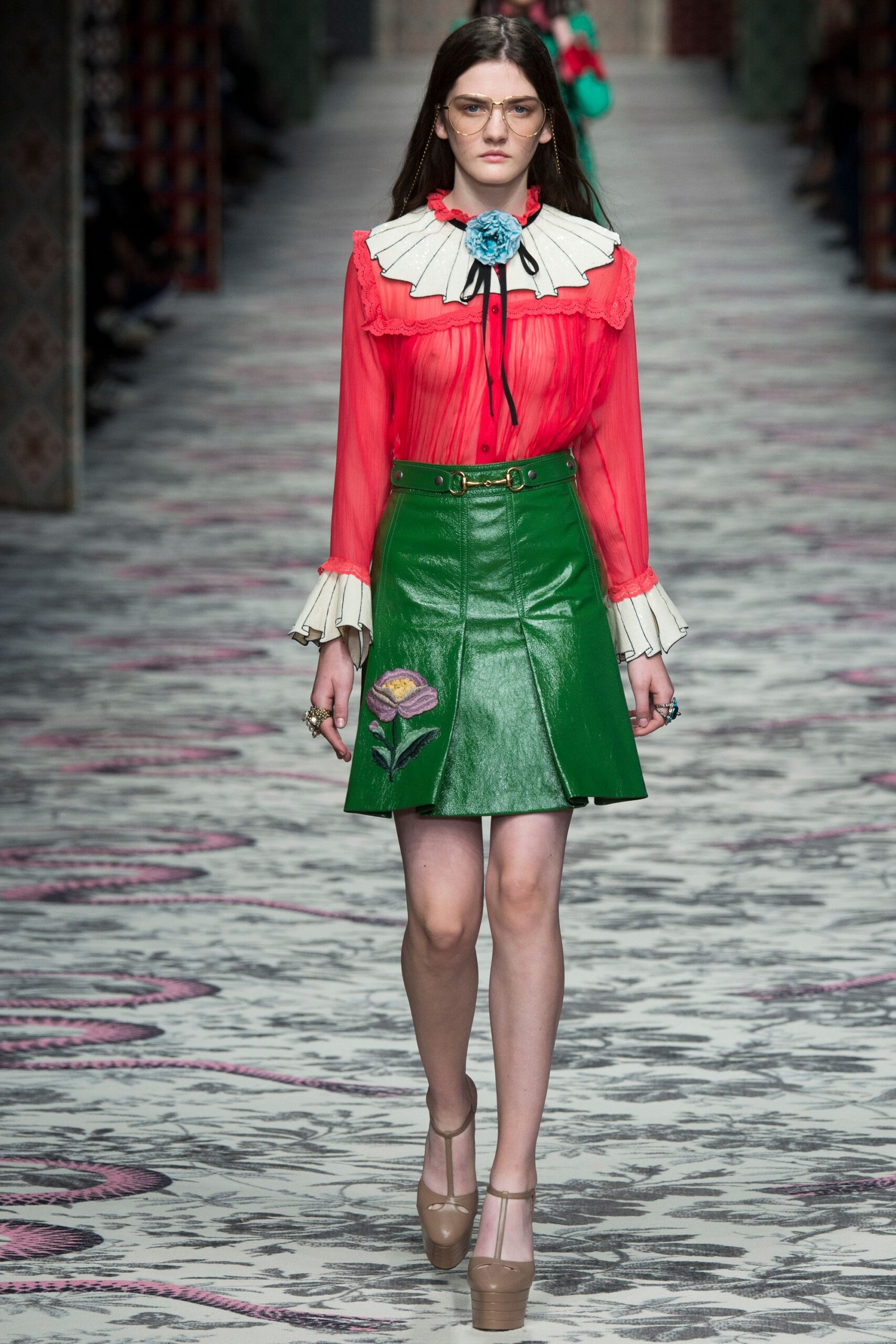 red silk long-sleeve collared fitted ruffled blouse