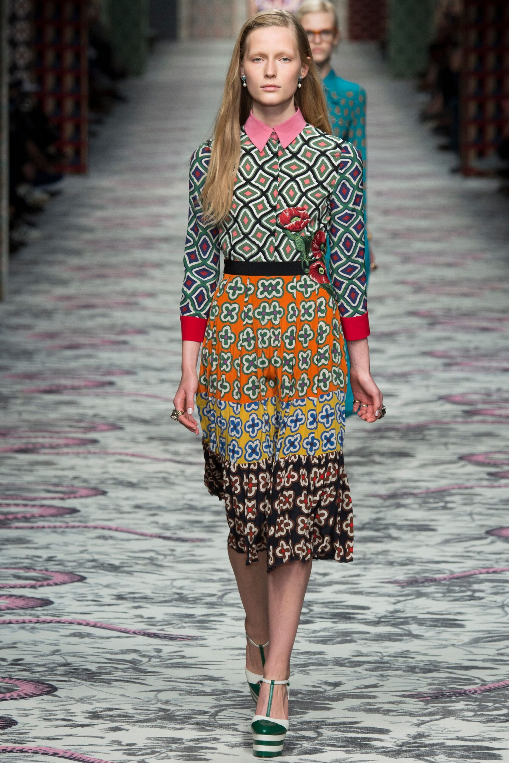 multi long-sleeve collared fitted printed pleated midi dress