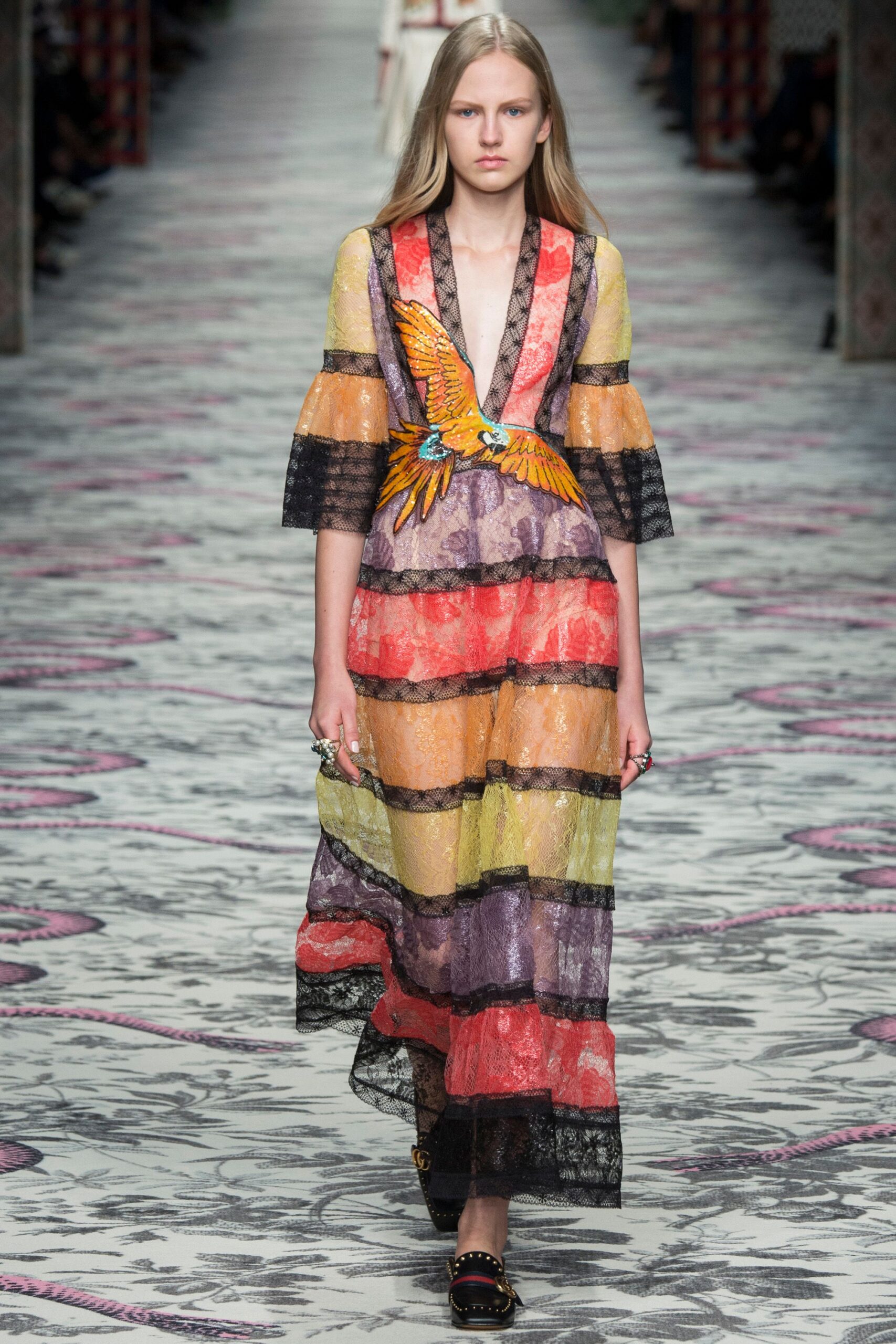 multi-colored lace gown