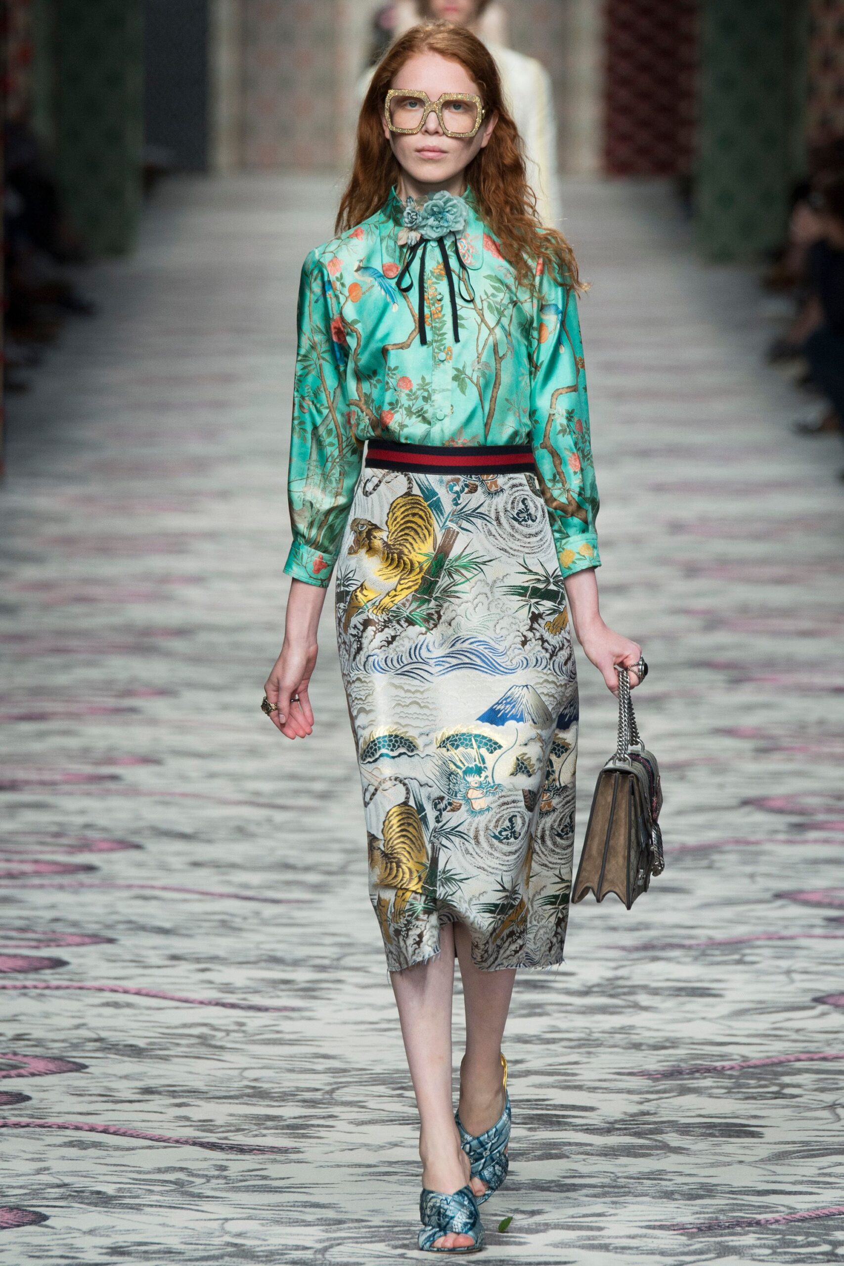 green silk blouse with printed skirt