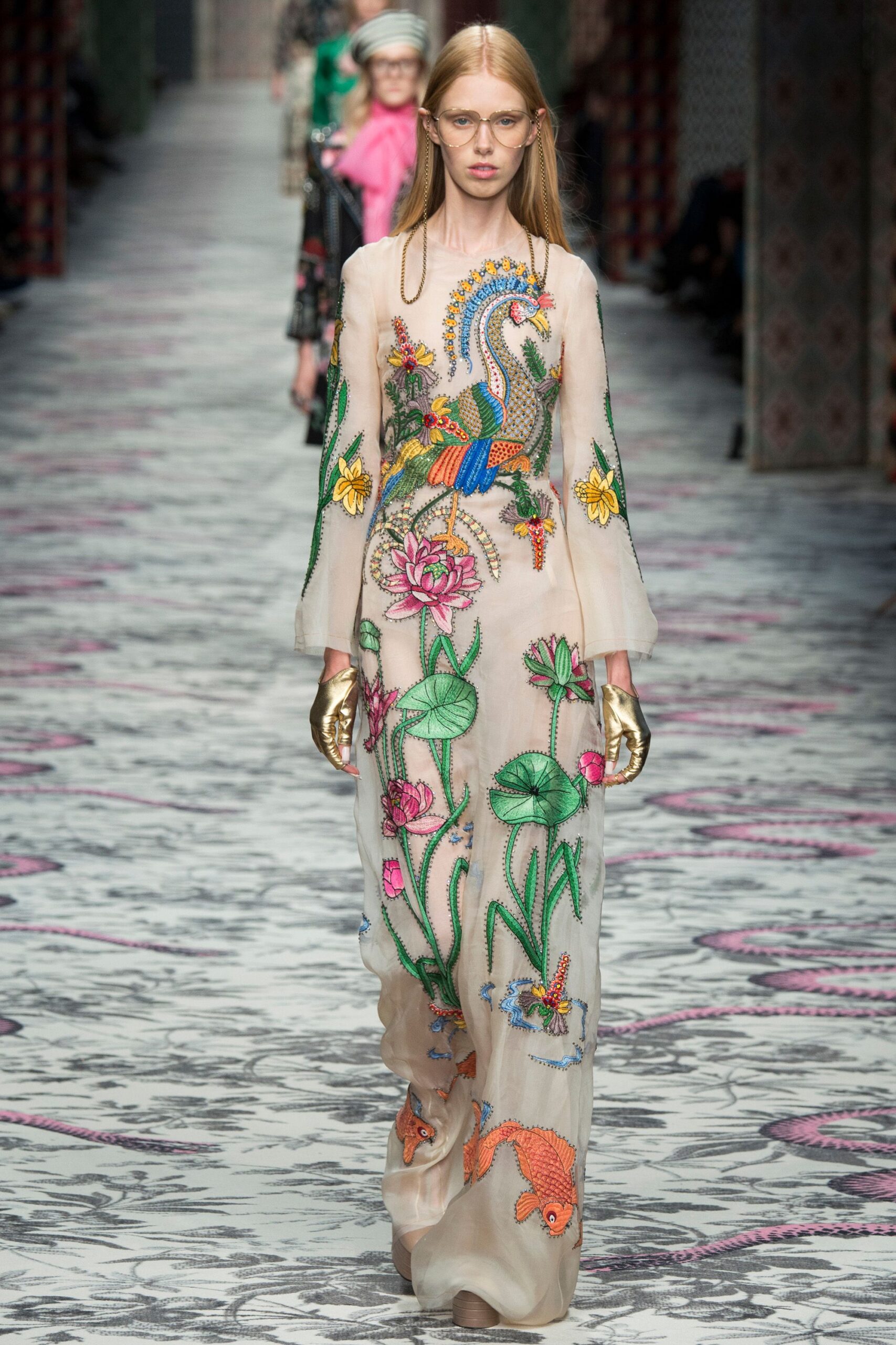 beige silk long-sleeve fitted embroidered layered sheer gown