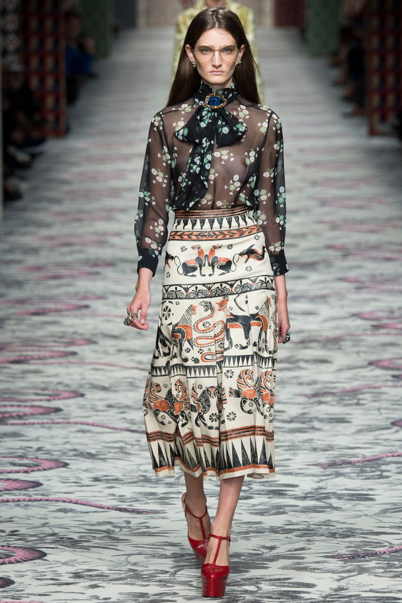 black silk blouse with printed skirt