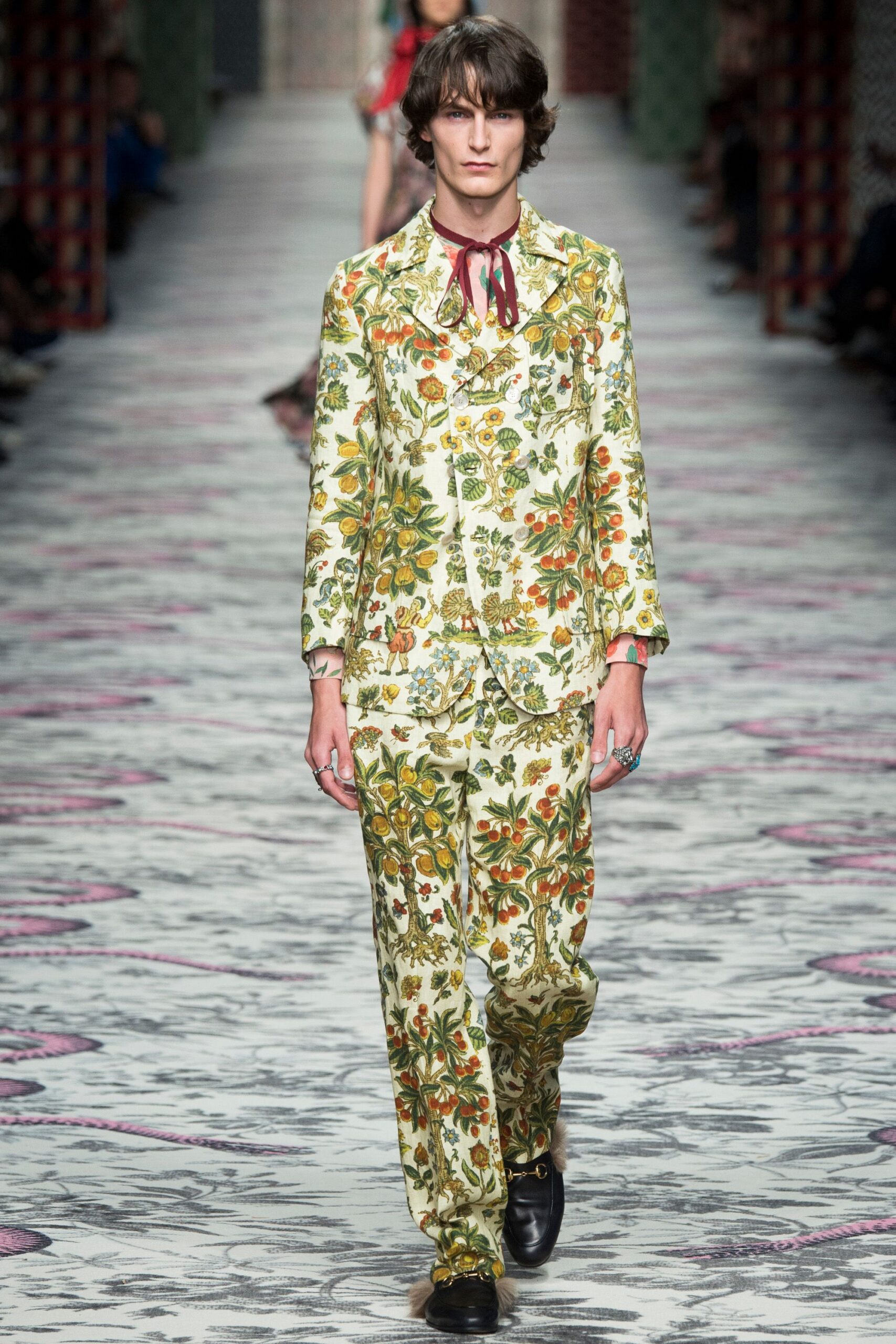 floral suit with black shoes