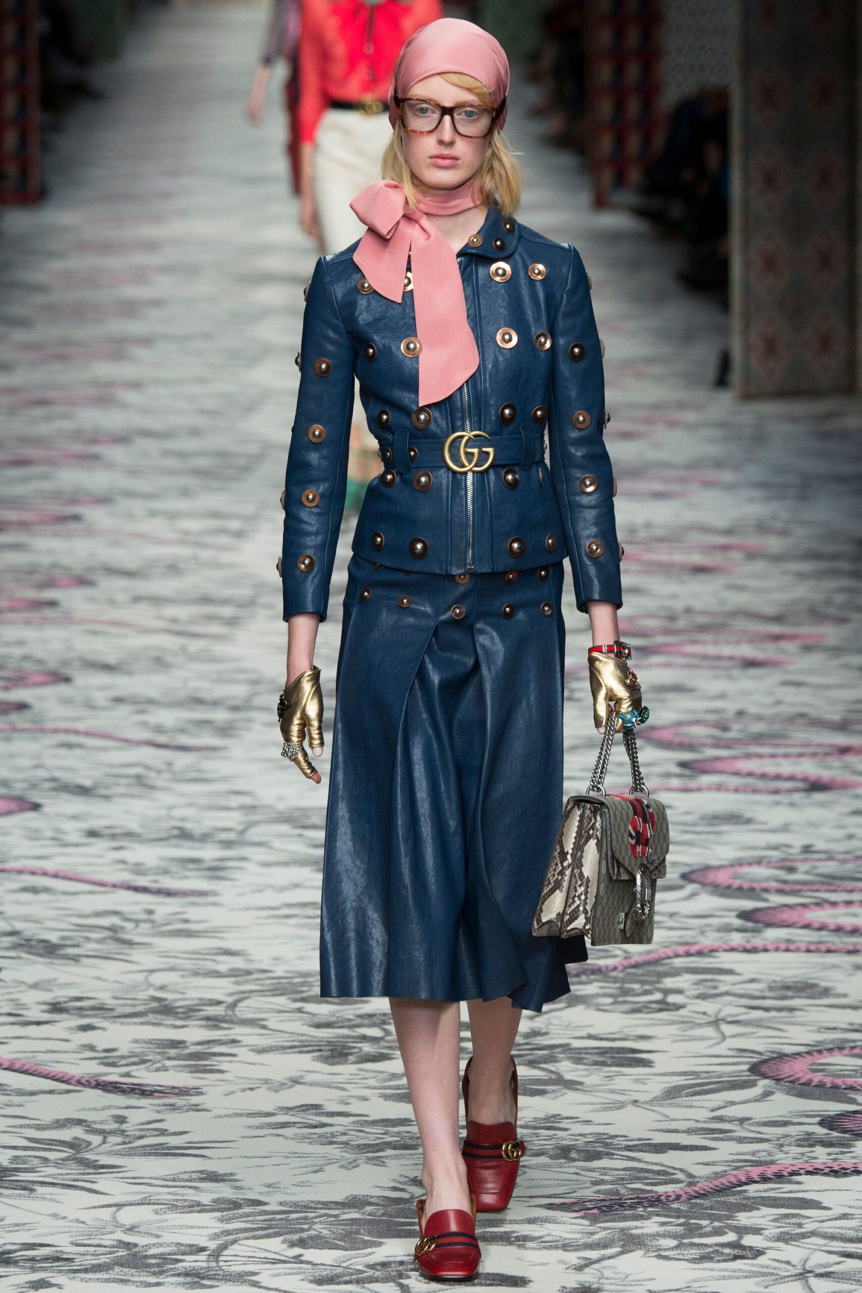 blue leather jacket and skirt