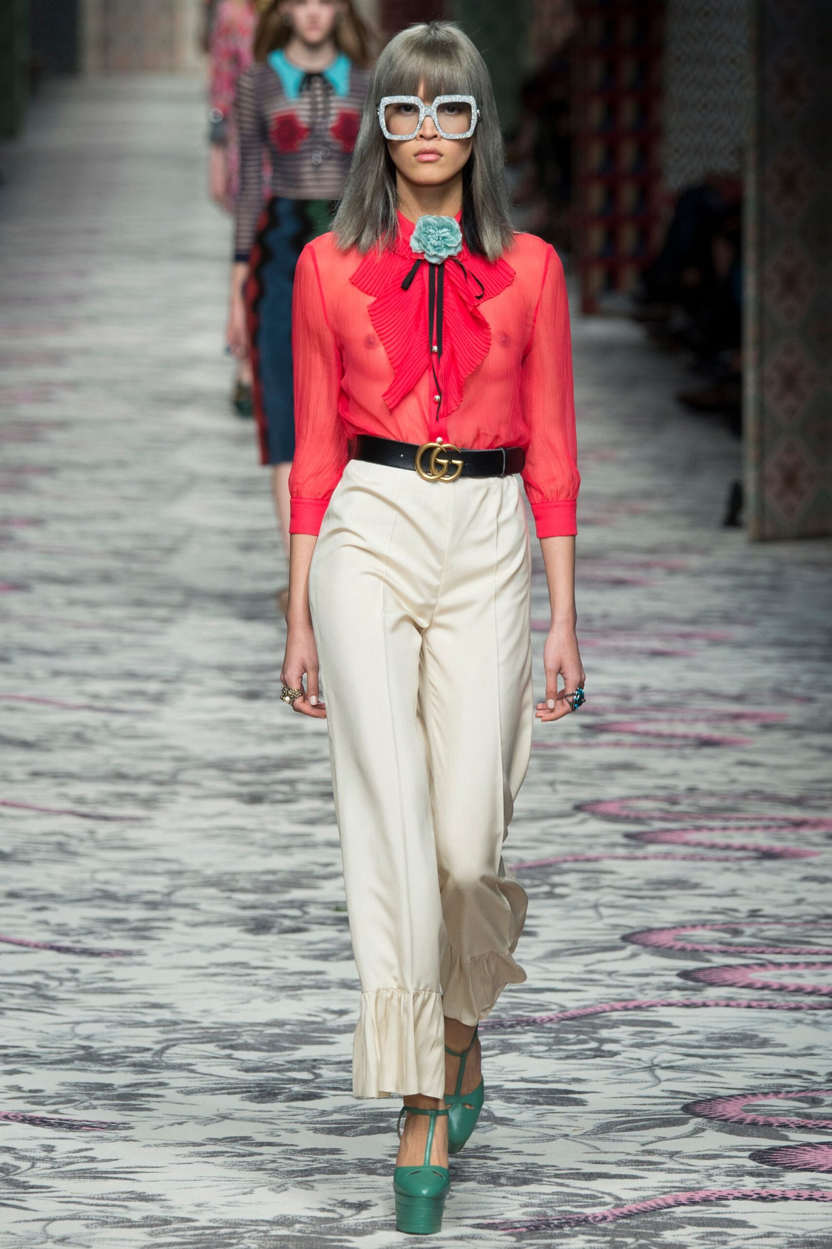 red silk long-sleeve collared fitted pleated blouse
