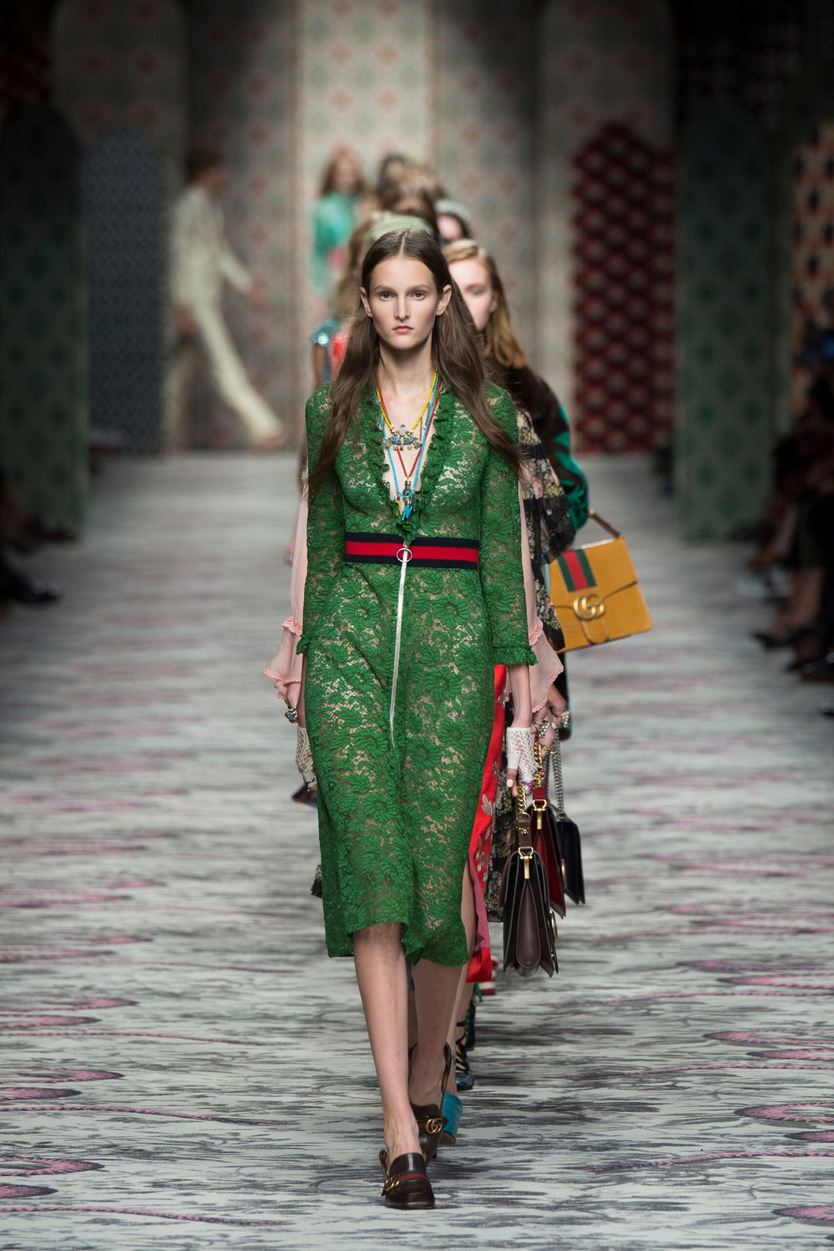 green lace long-sleeve v-neck fitted embroidered tiered dress
