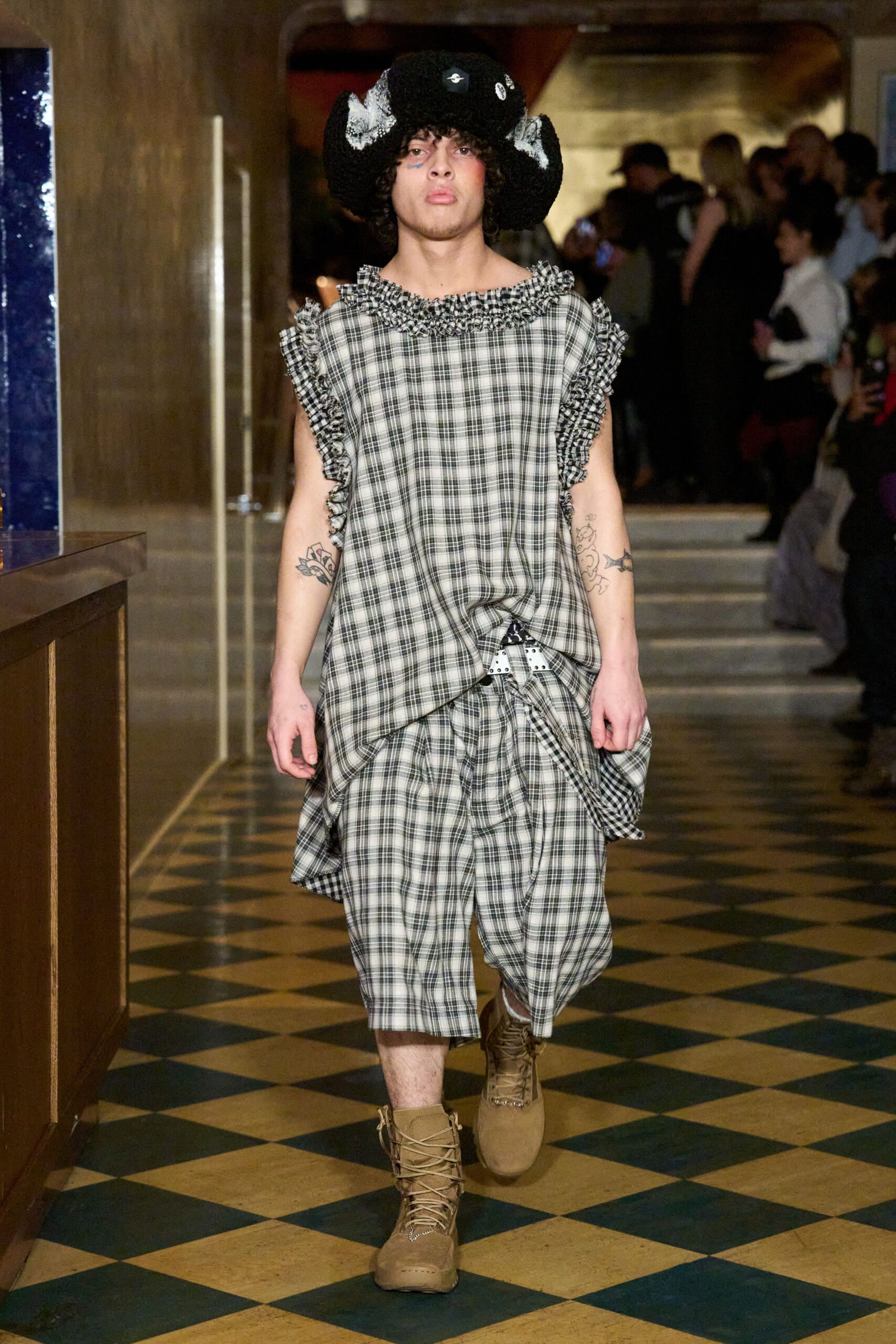 black cotton sleeveless collared relaxed checked layered dress