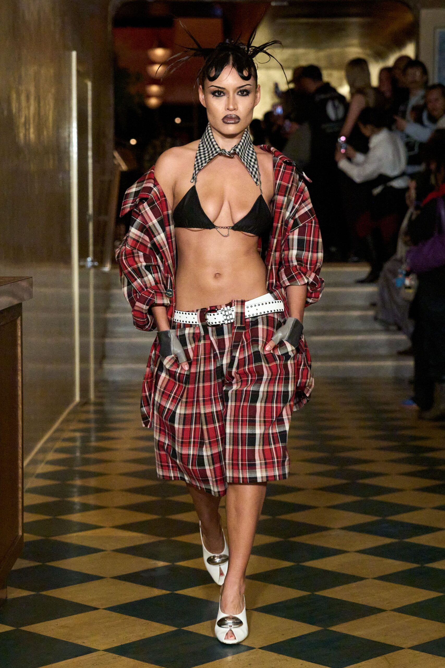 red cotton long-sleeve collared oversized checked jacket