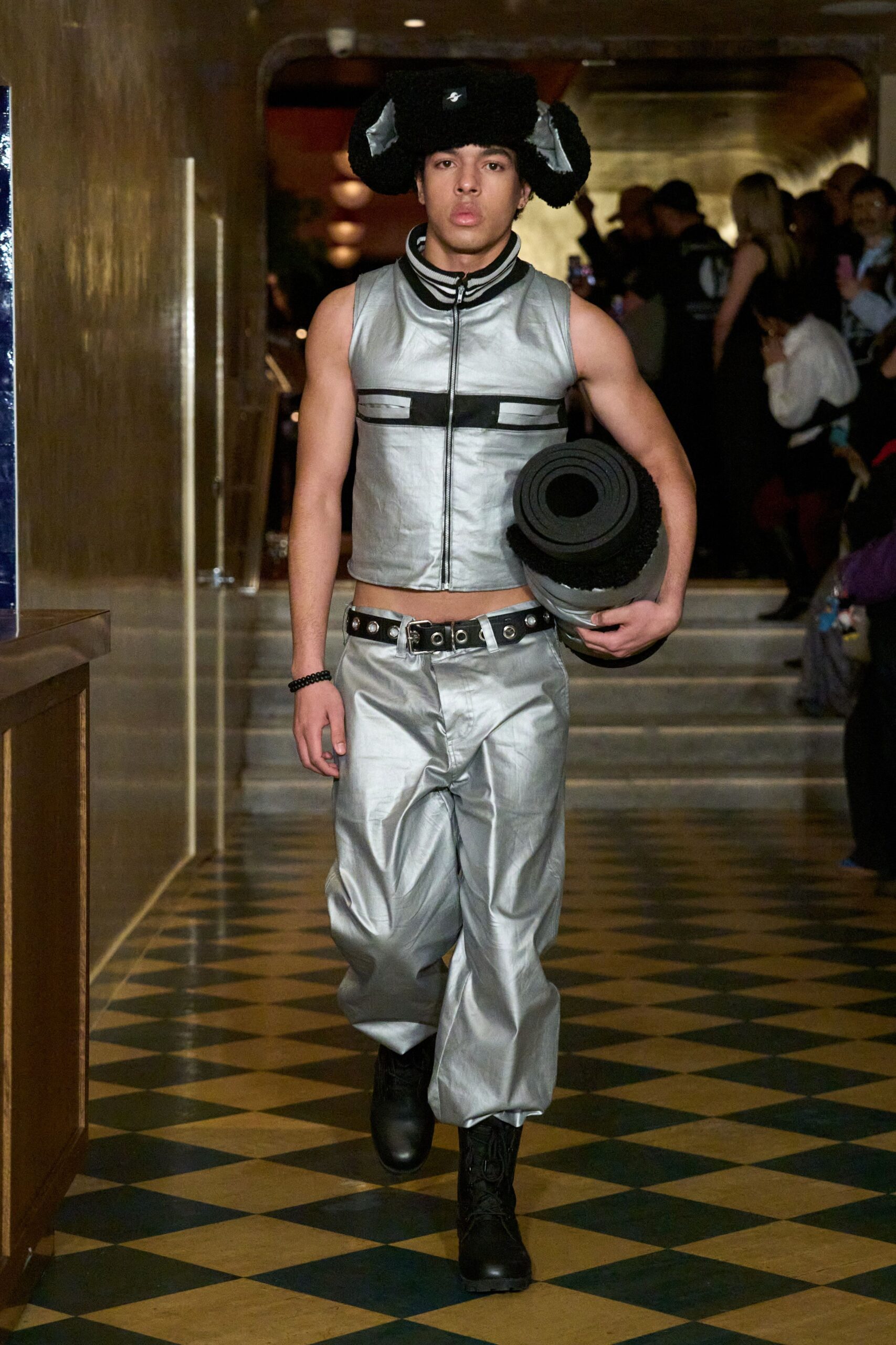 gray vinyl relaxed wide-leg shiny pants