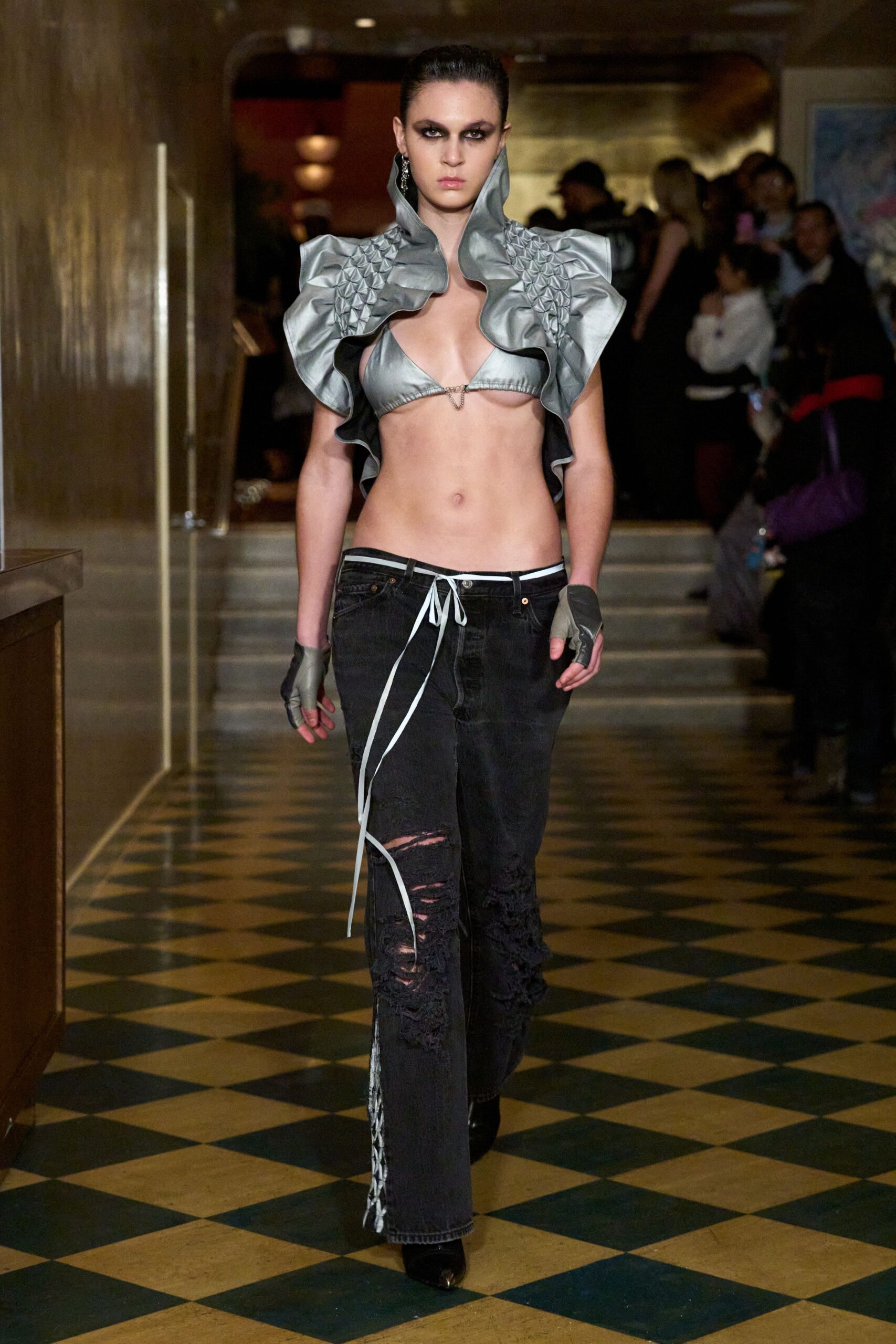 gray metallic sleeveless high-neck fitted ruffled shiny top