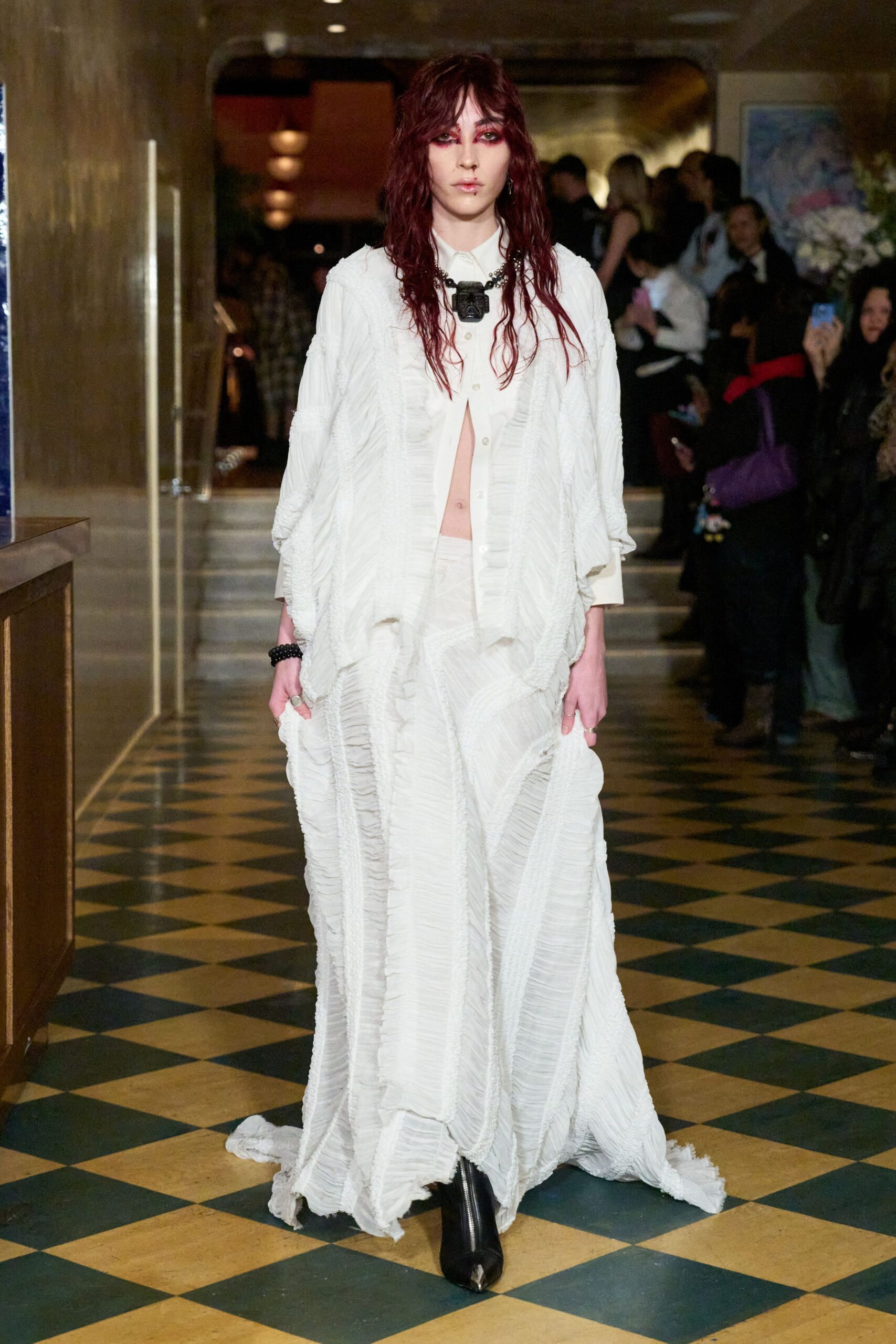 white silk long-sleeve v-neck relaxed pleated draped dress