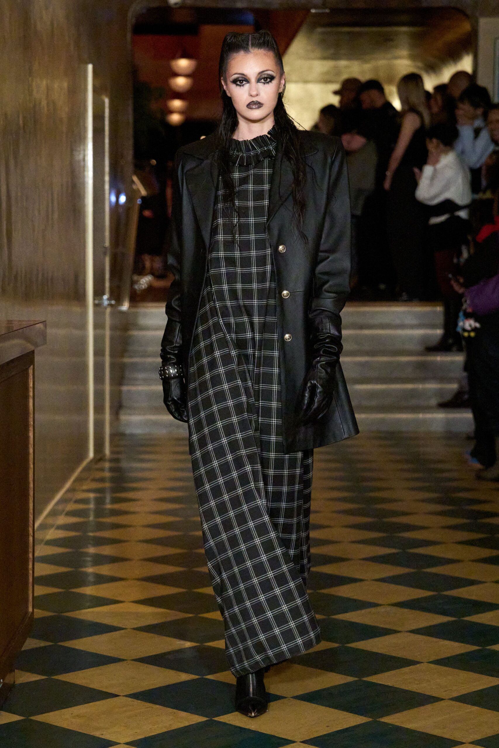 black leather long-sleeve collared structured coat