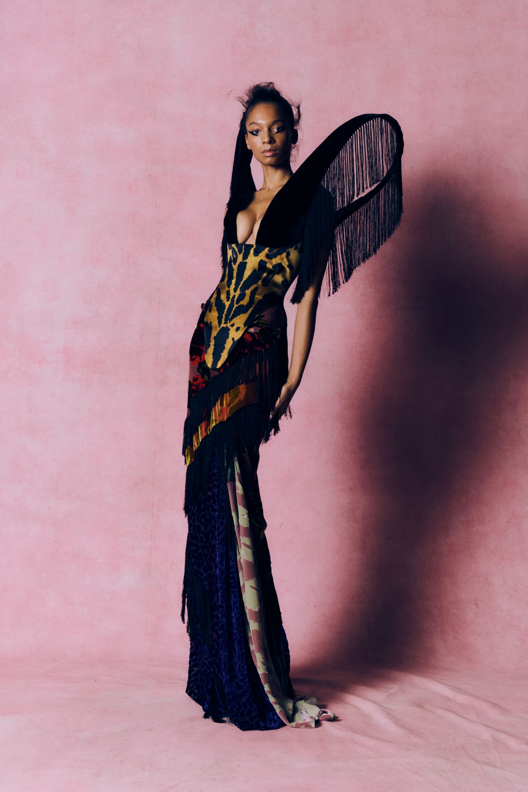 multi-colored fringed gown