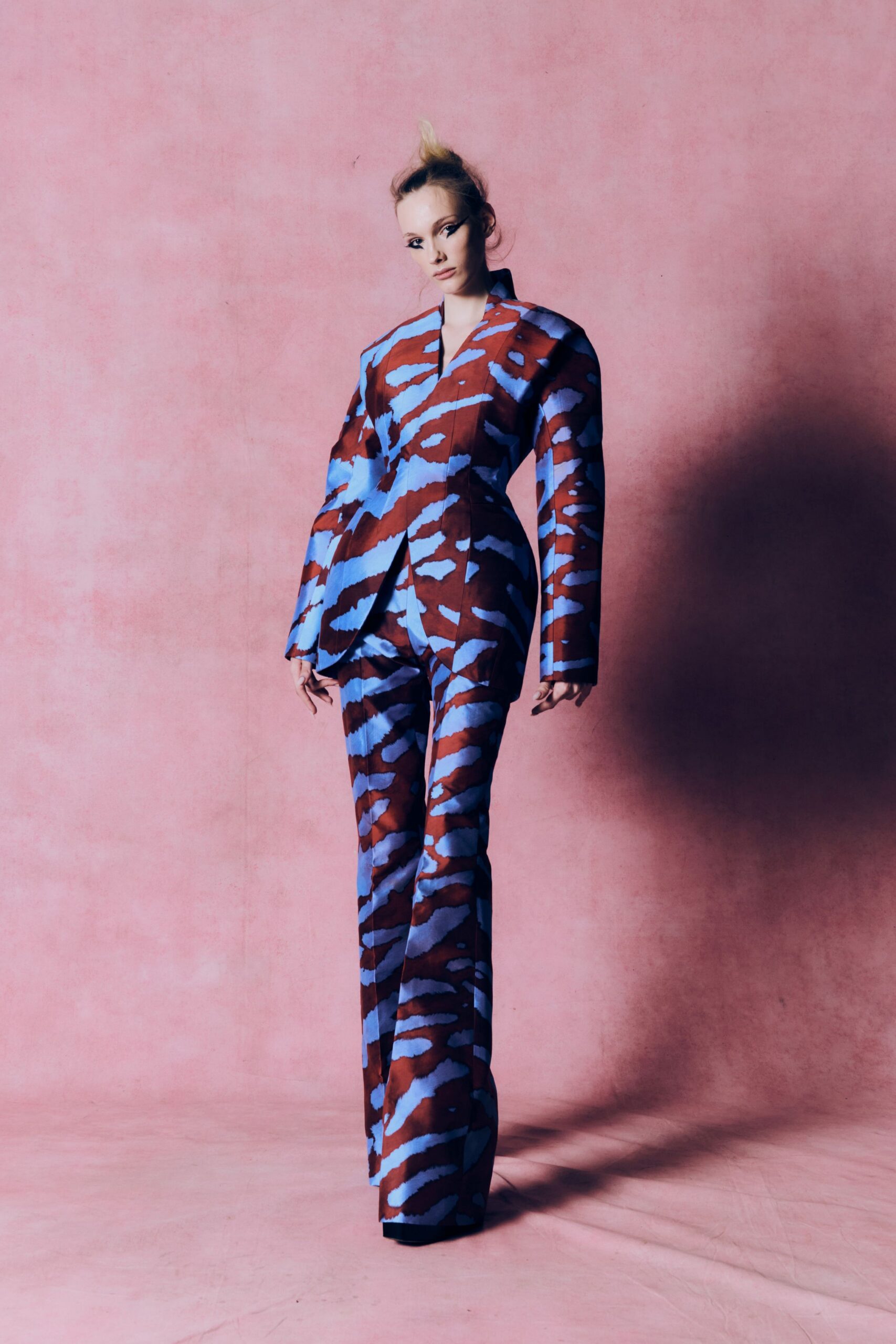 red and blue printed suit