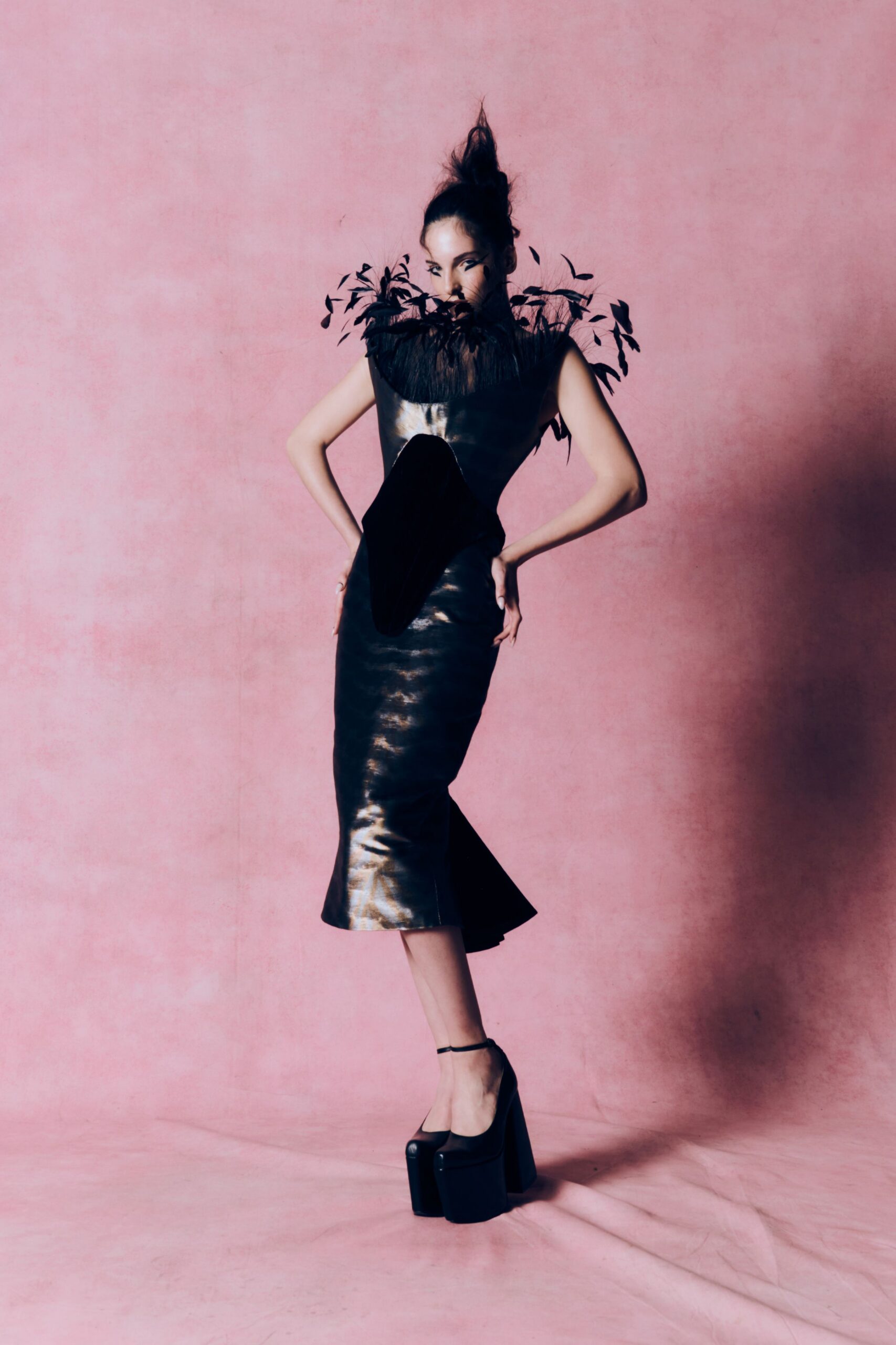 black leather sleeveless v-neck fitted flared midi dress