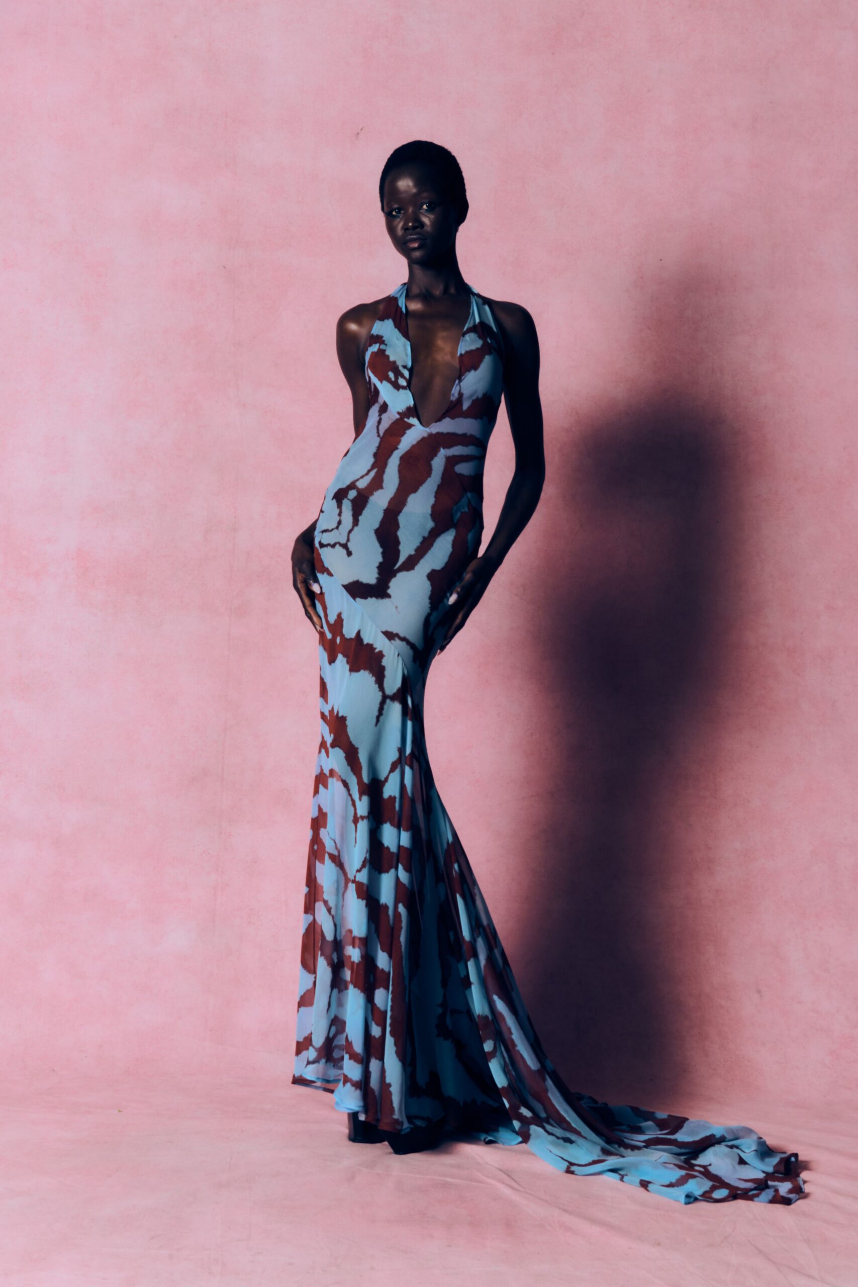 blue and red flowing gown