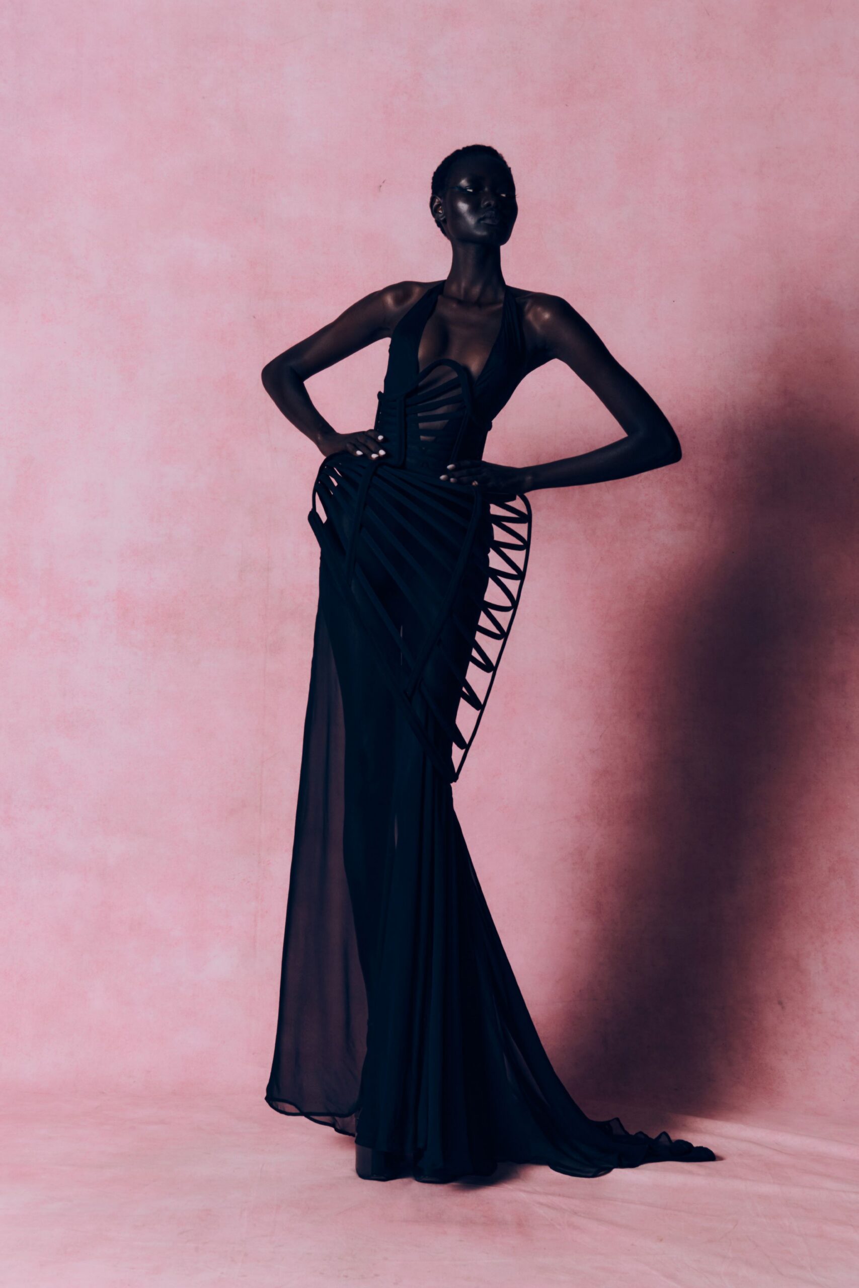 black silk sleeveless gown
