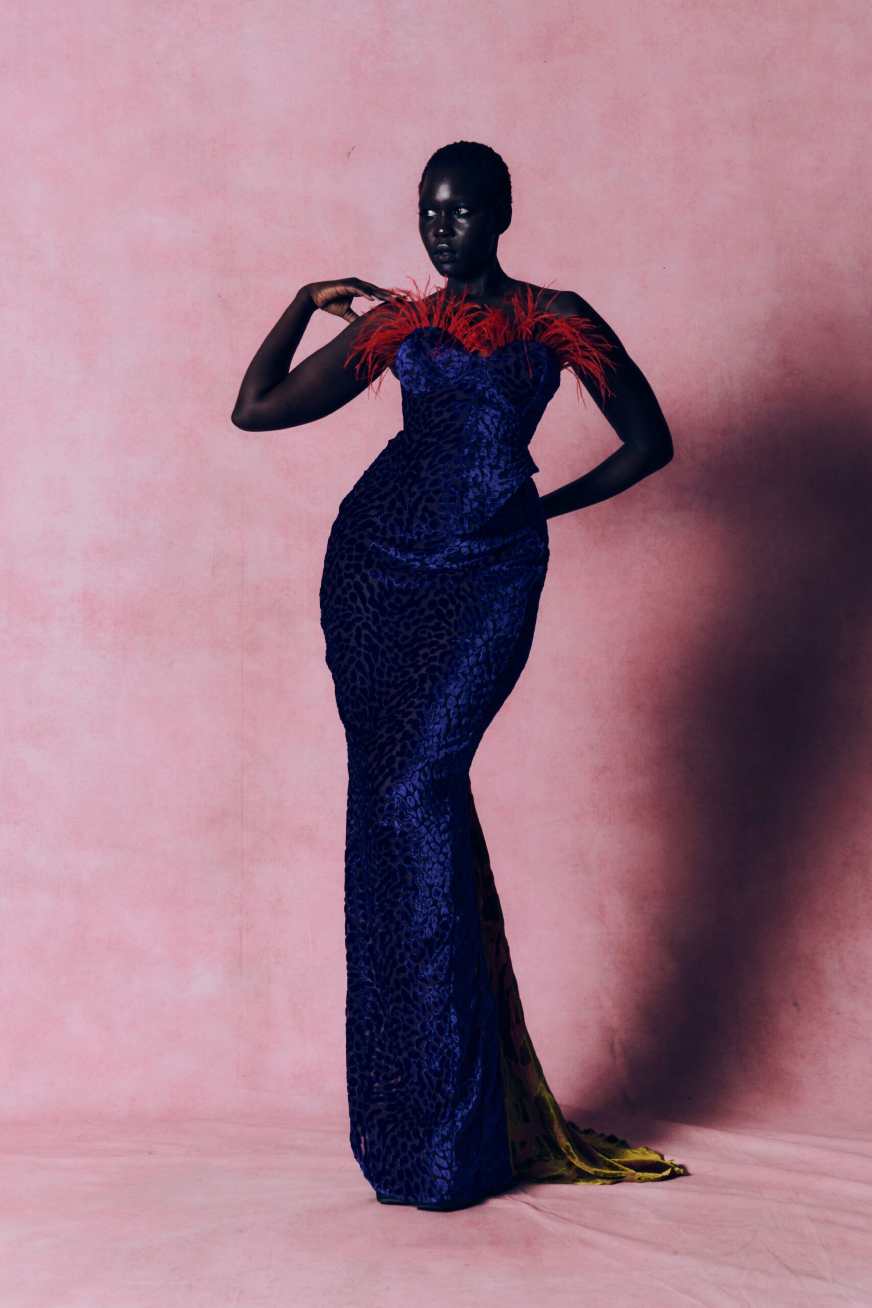 blue silk strapless gown