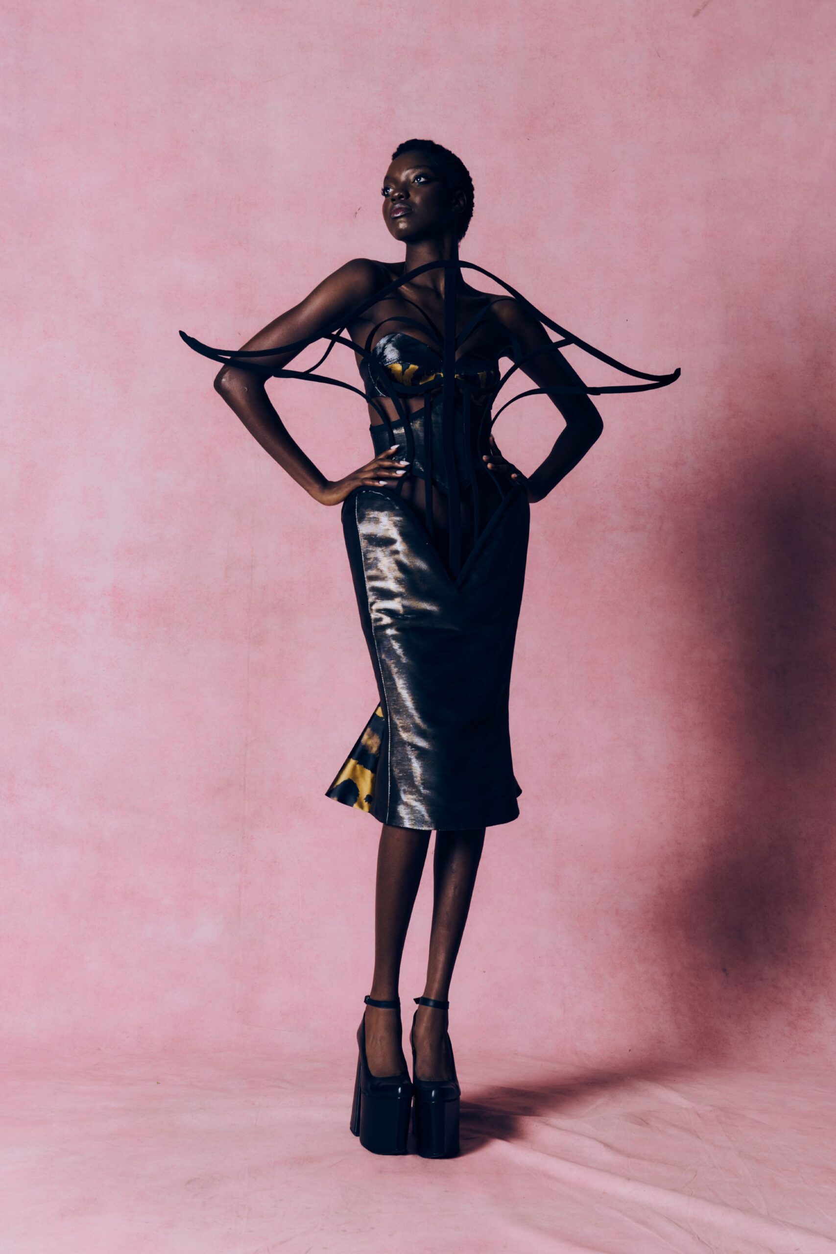 black leather sleeveless v-neck fitted ruched midi dress