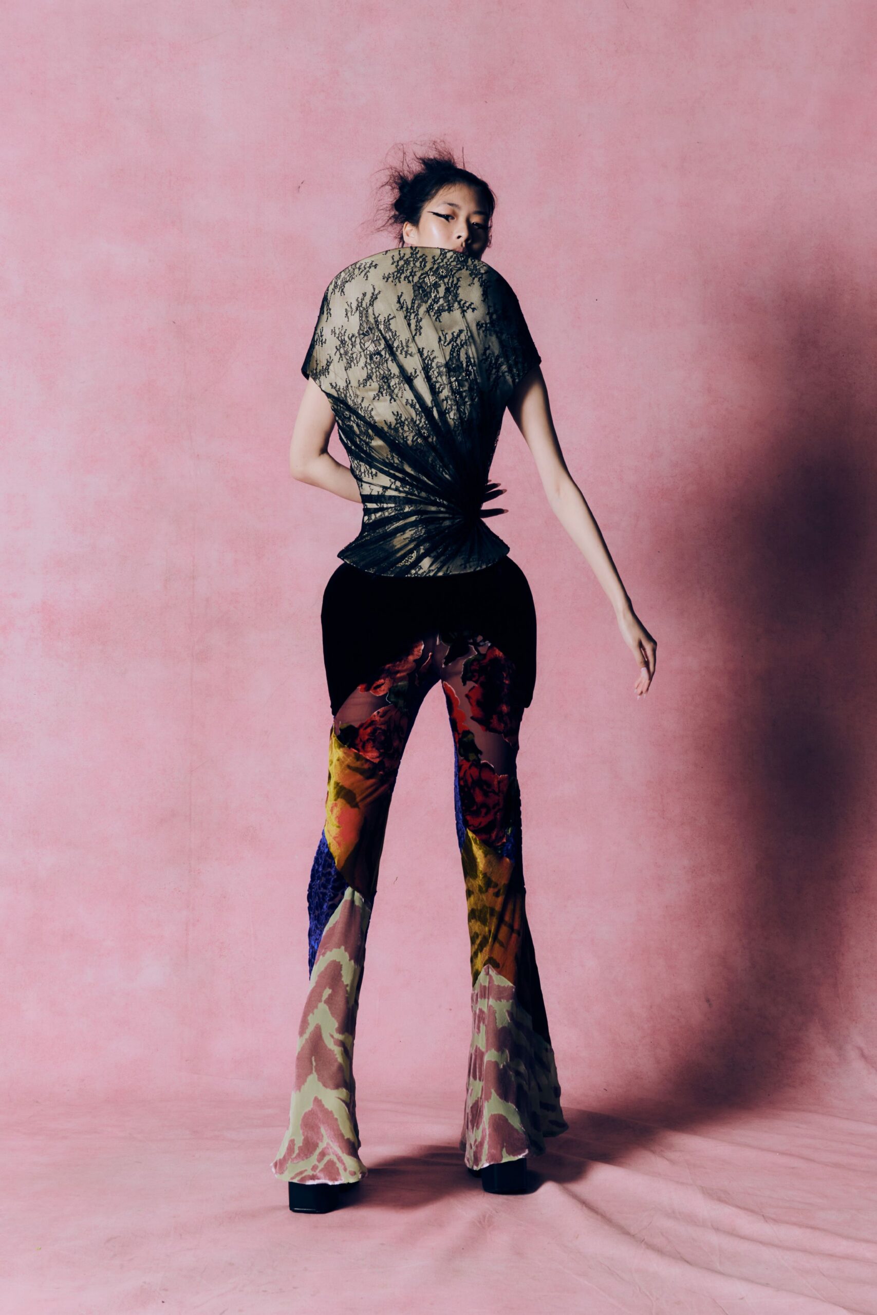 multi silk fitted flared printed pants