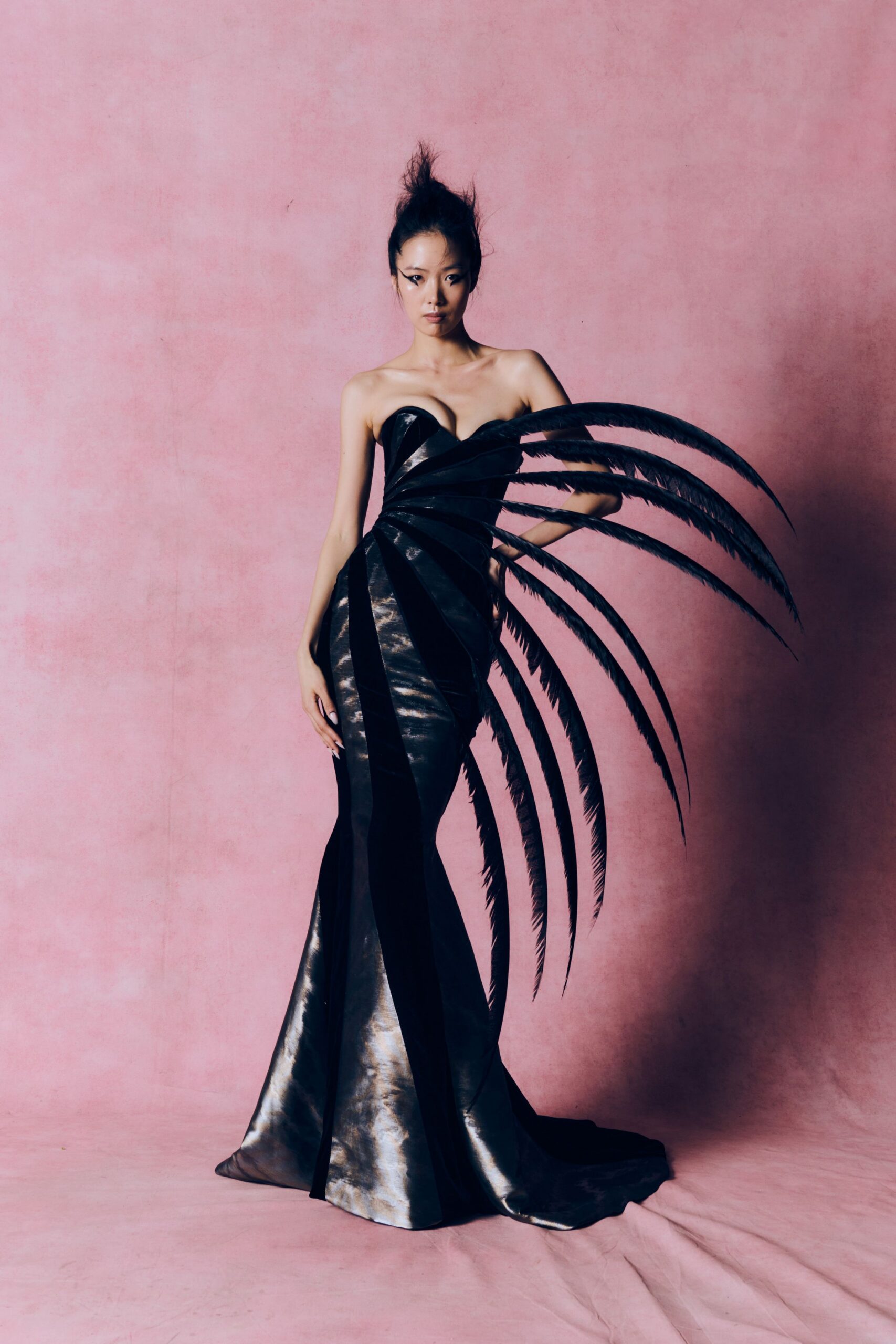 black leather strapless gown