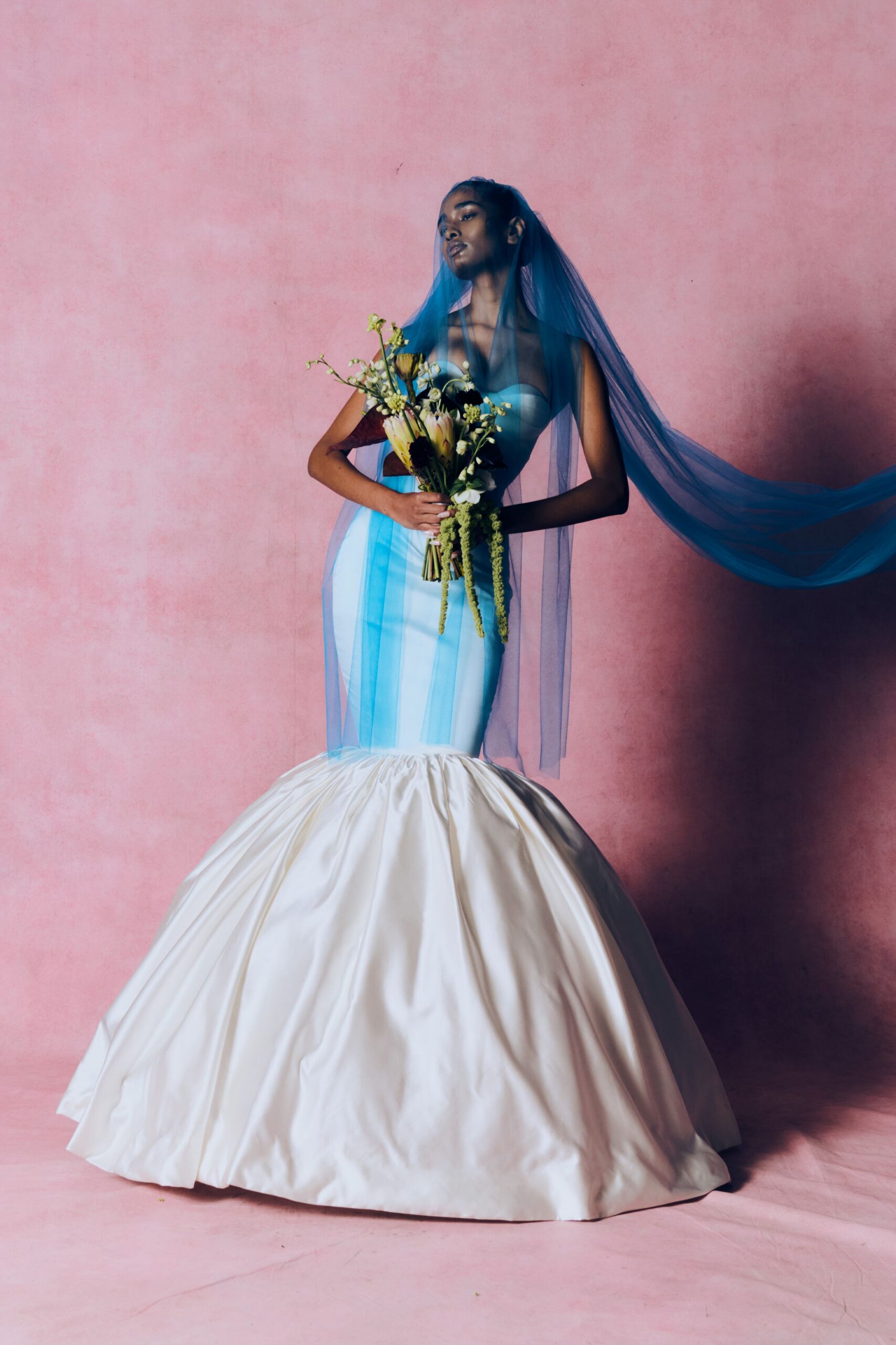 blue silk fitted gown with veil