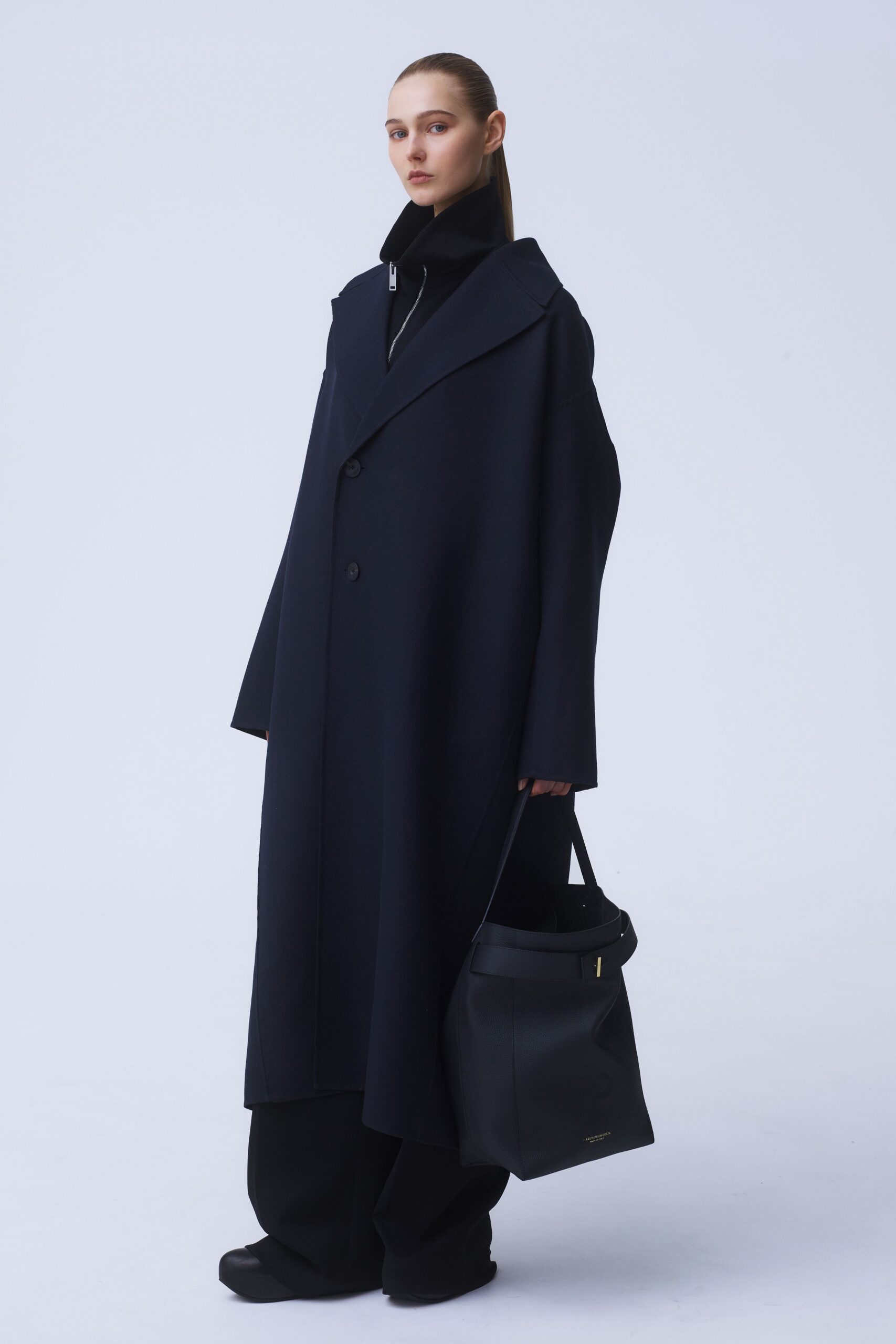 black wool long-sleeve collared relaxed buttoned maxi coat
