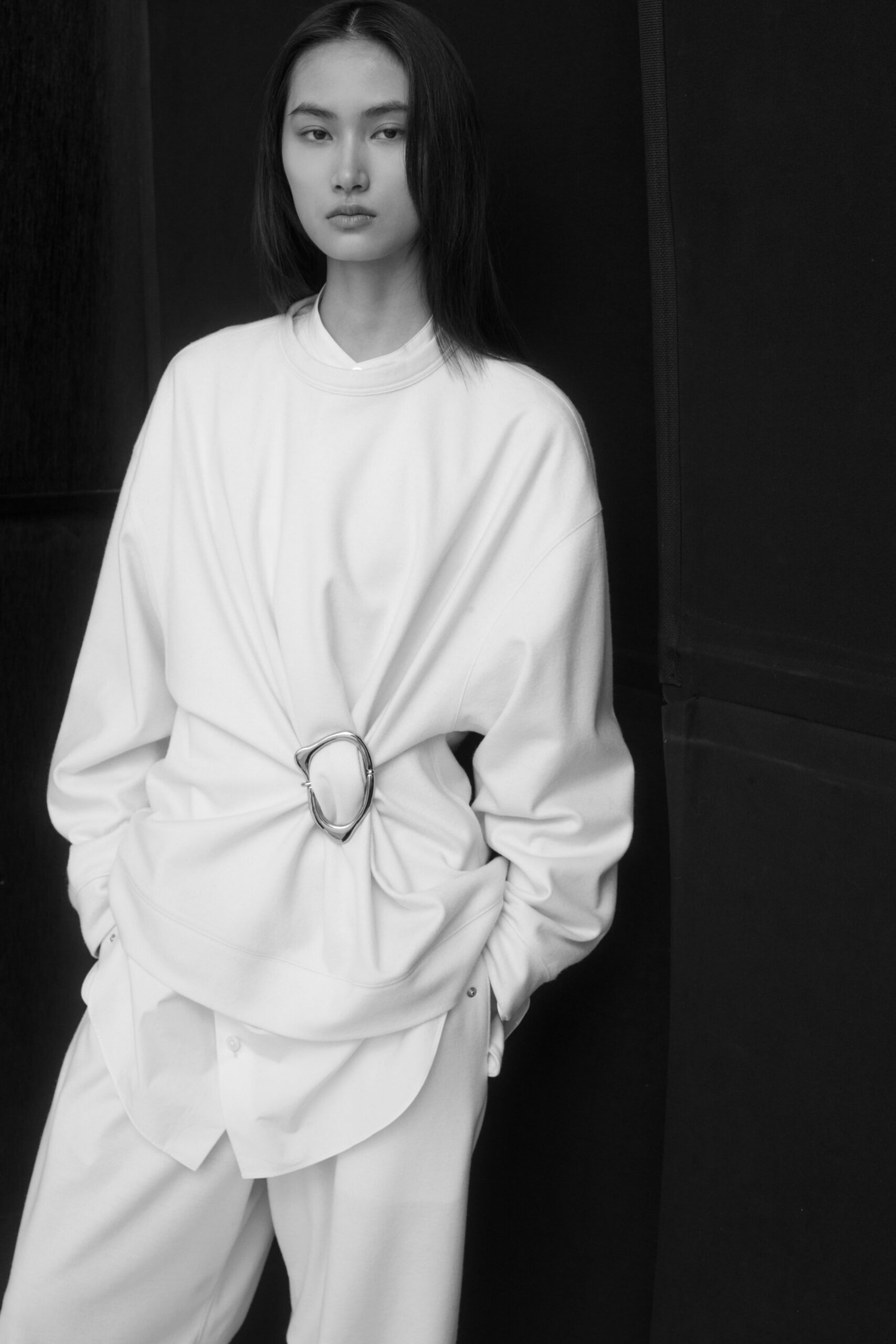 white cotton long-sleeve high-neck relaxed draped belted top