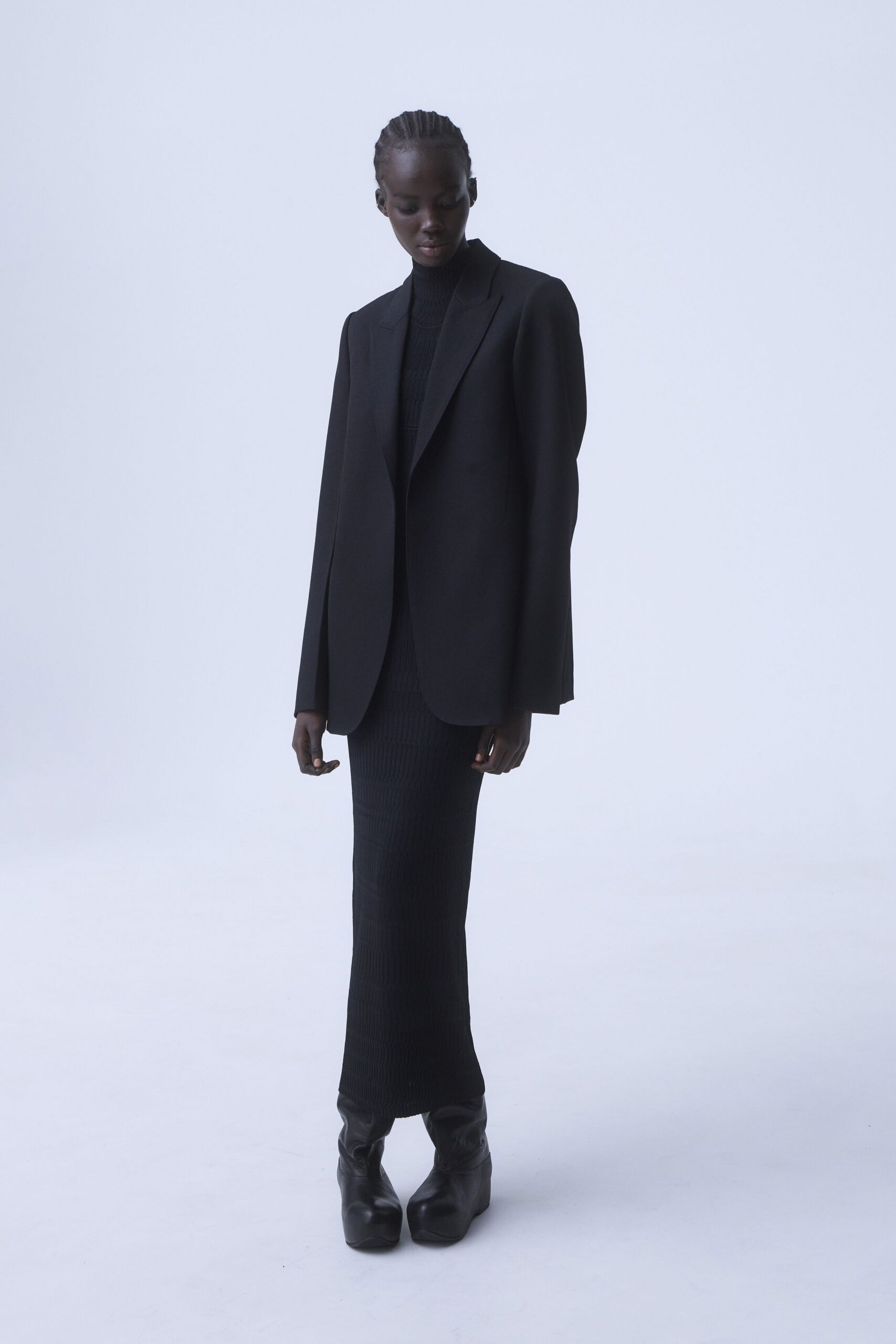 black knit long-sleeve high-neck fitted straight-leg midi dress