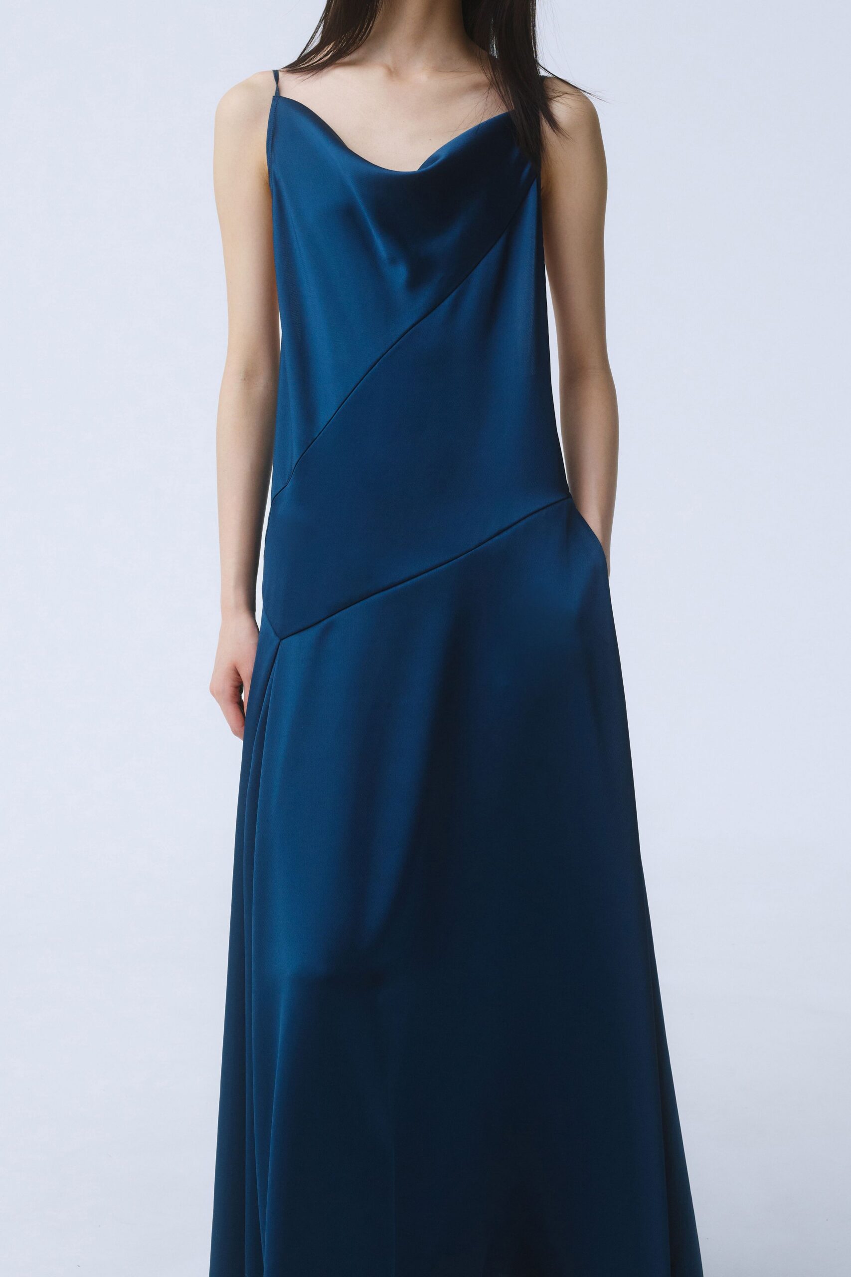blue silk sleeveless gown