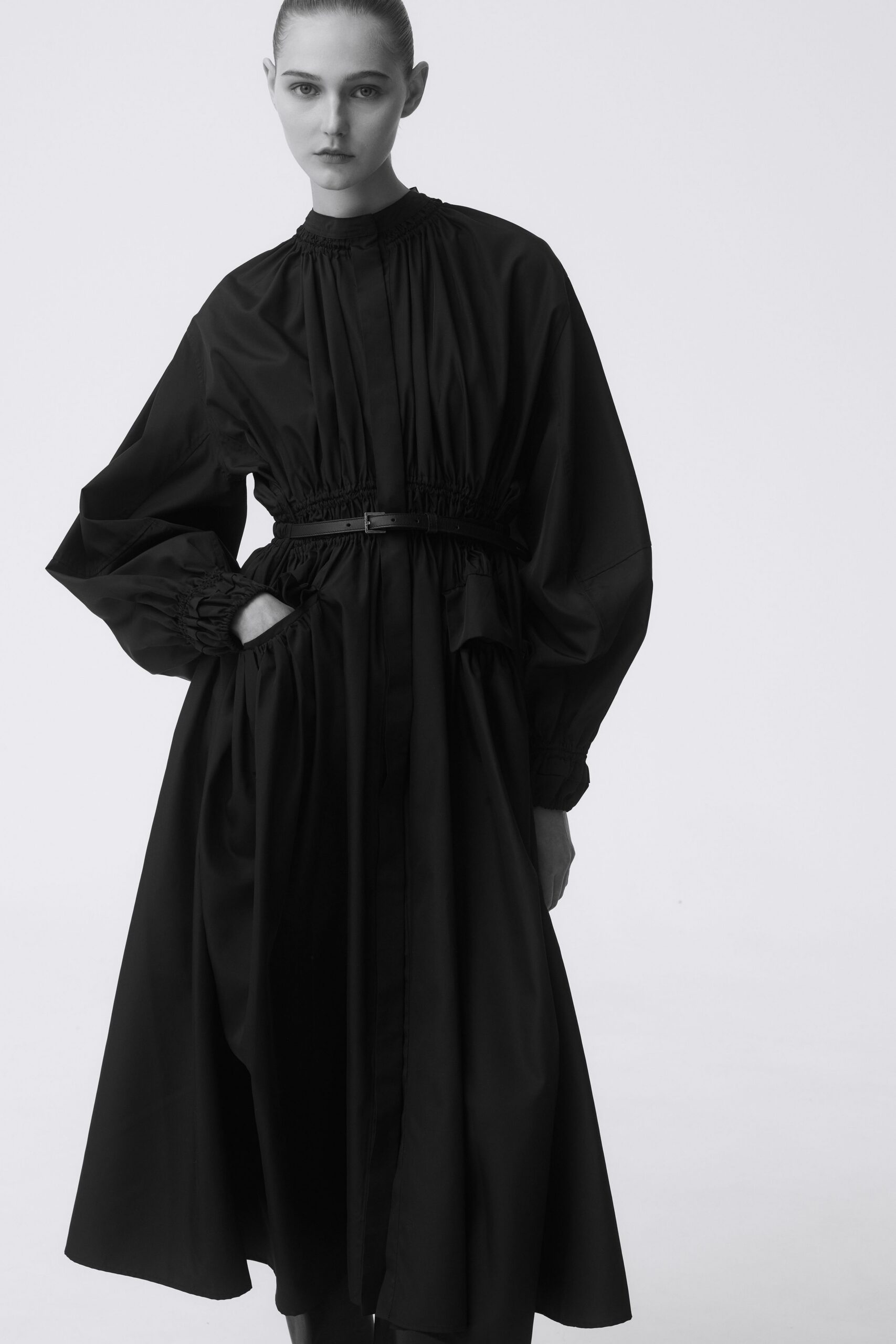 black cotton long-sleeve belted dress