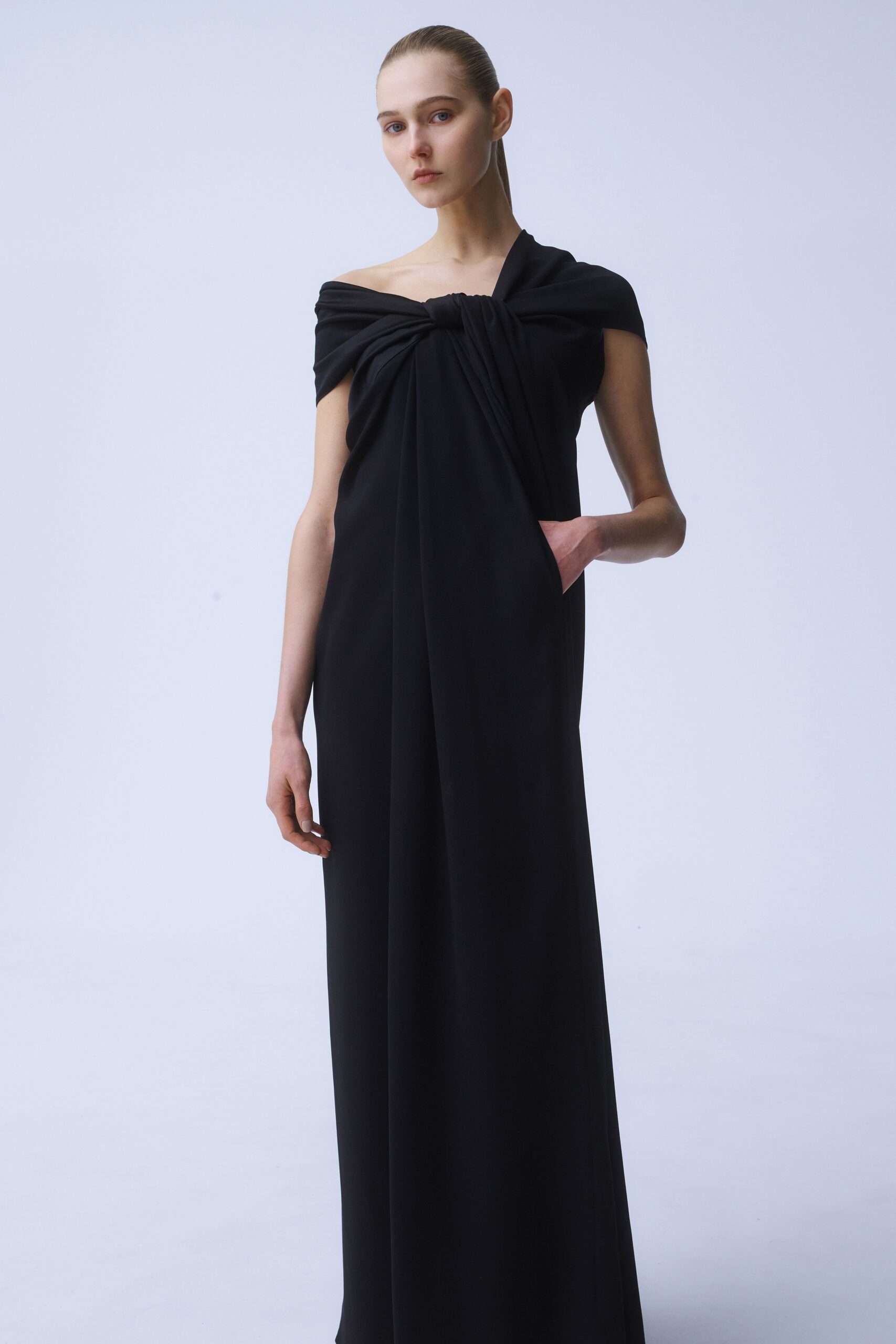 black silk off-shoulder gown