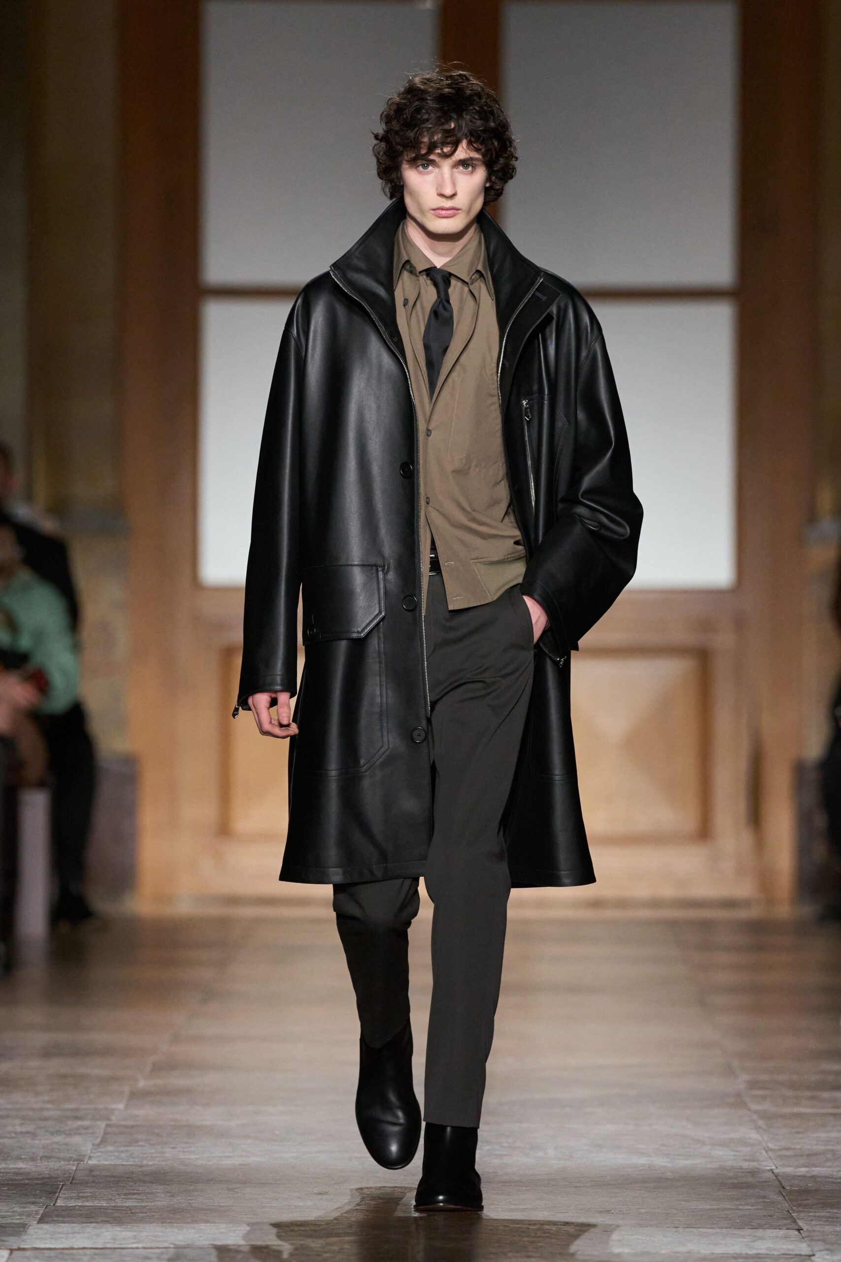 black leather coat with brown shirt
