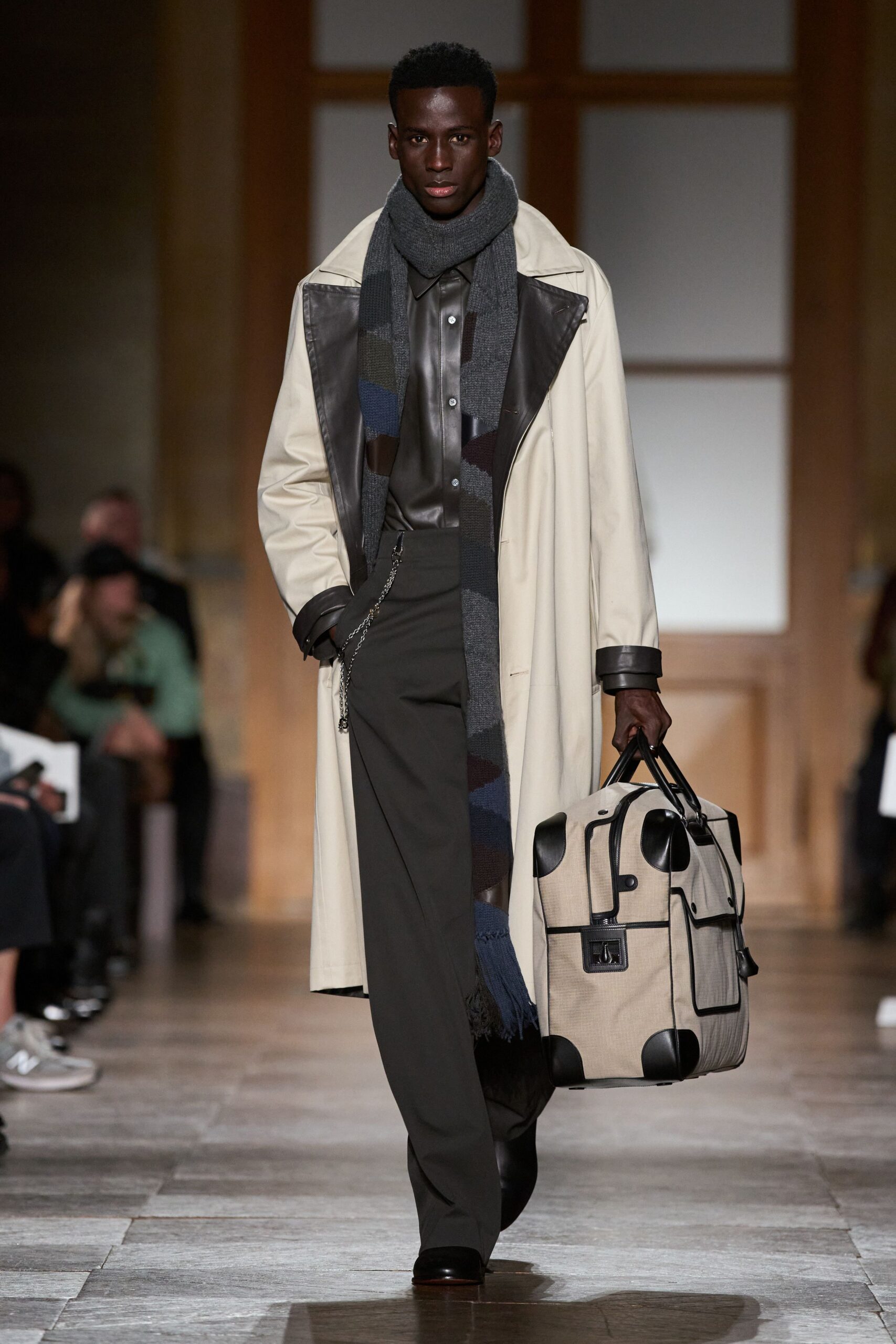 beige leather coat with gray scarf