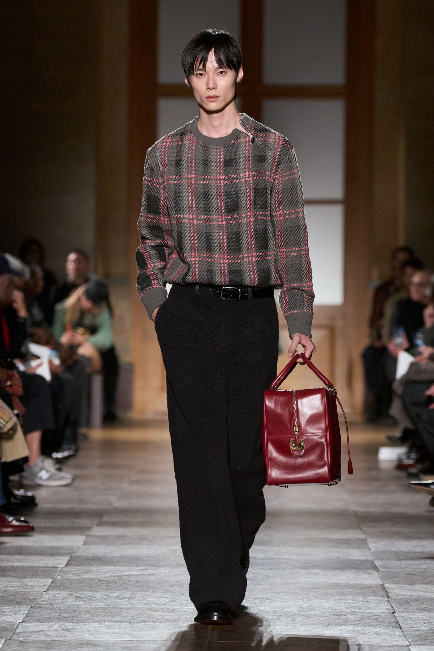 gray checked sweater with black pants