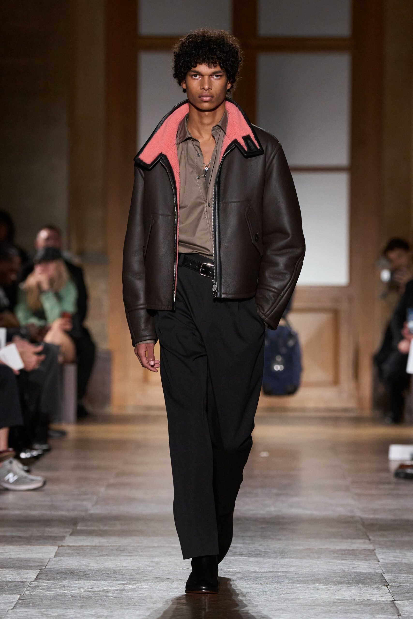 brown leather jacket with pink lining