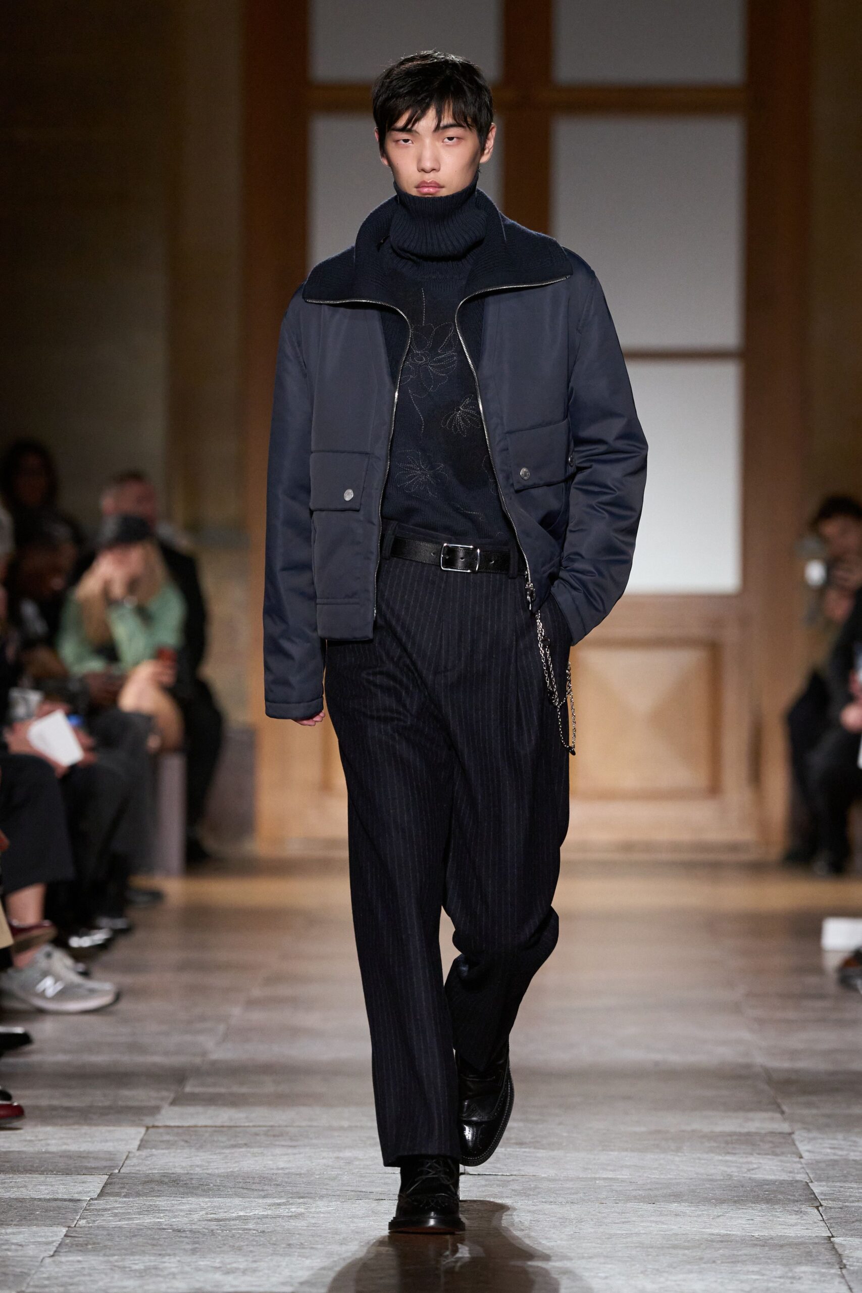 blue jacket black sweater tailored pants