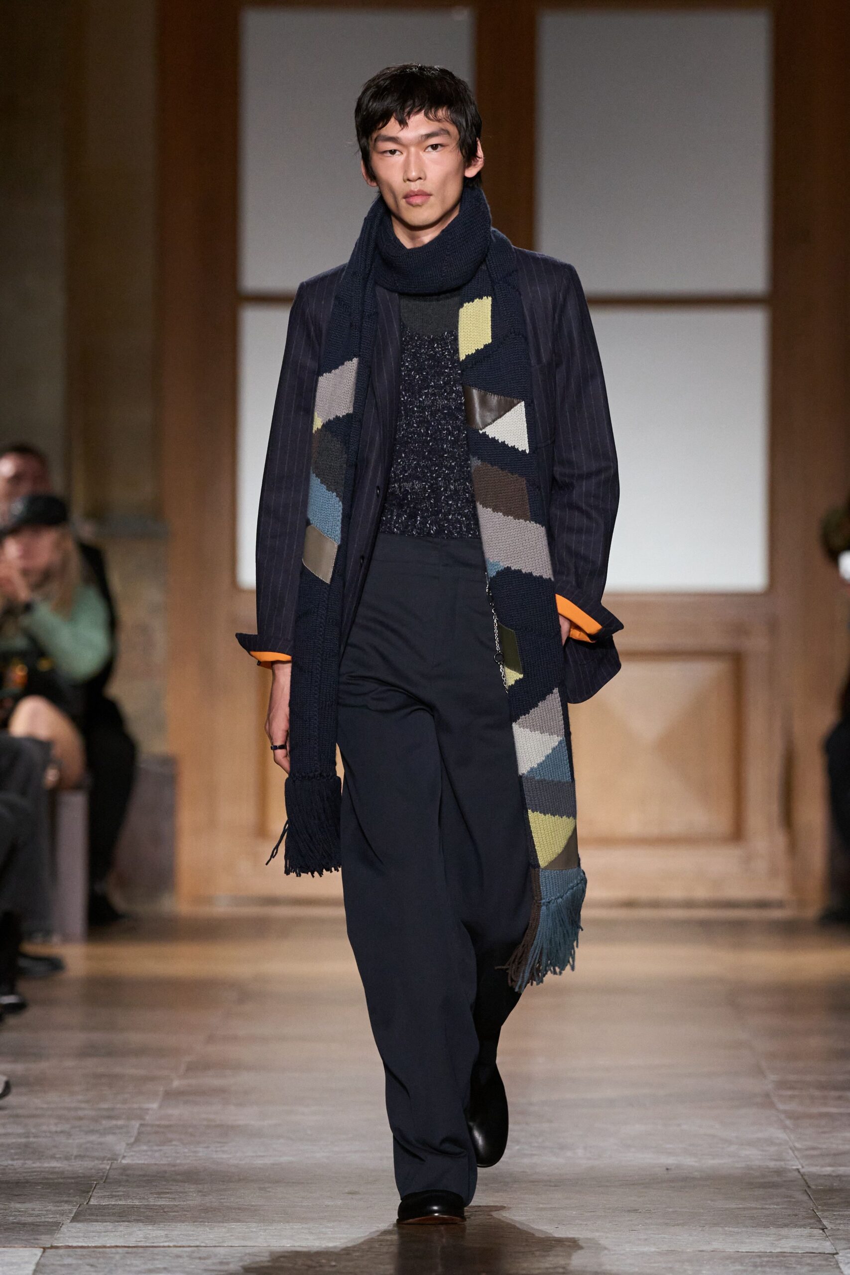 tailored navy blazer with scarf