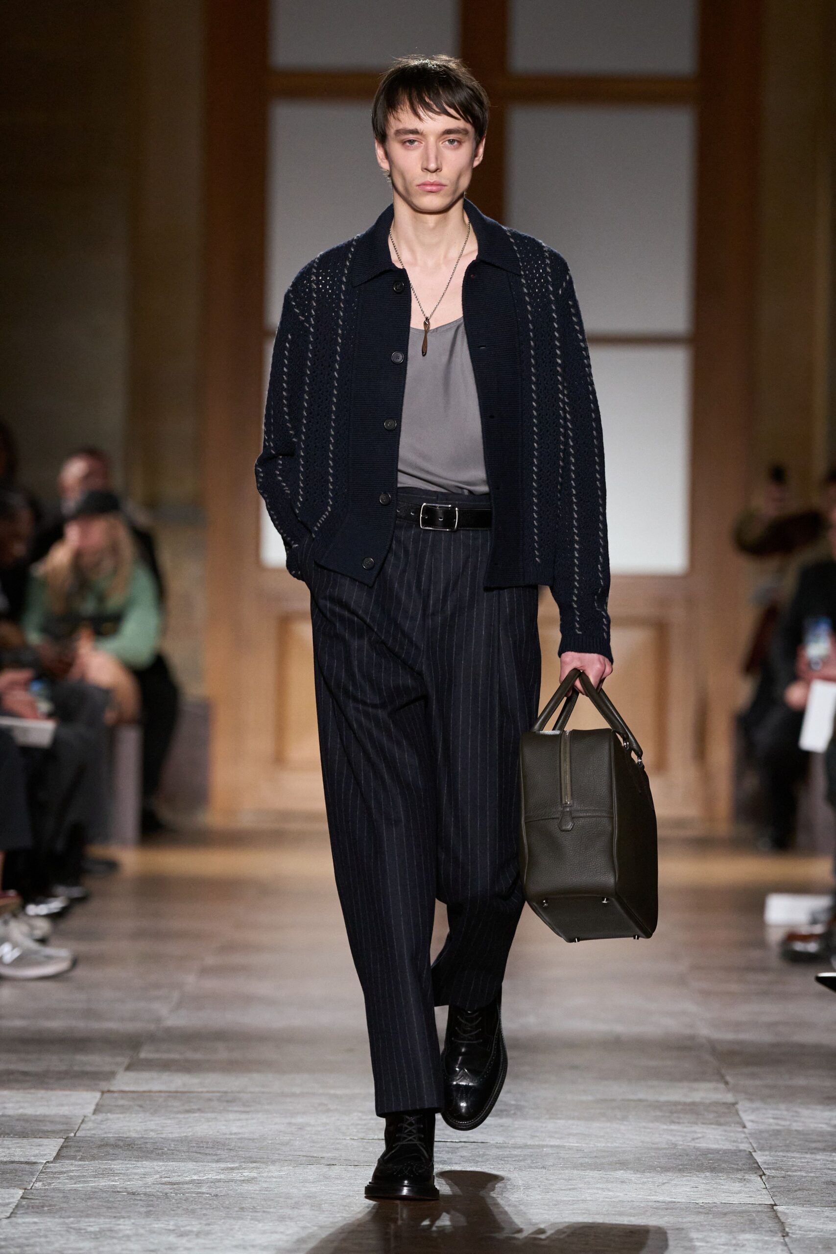 black cardigan gray shirt tailored pants