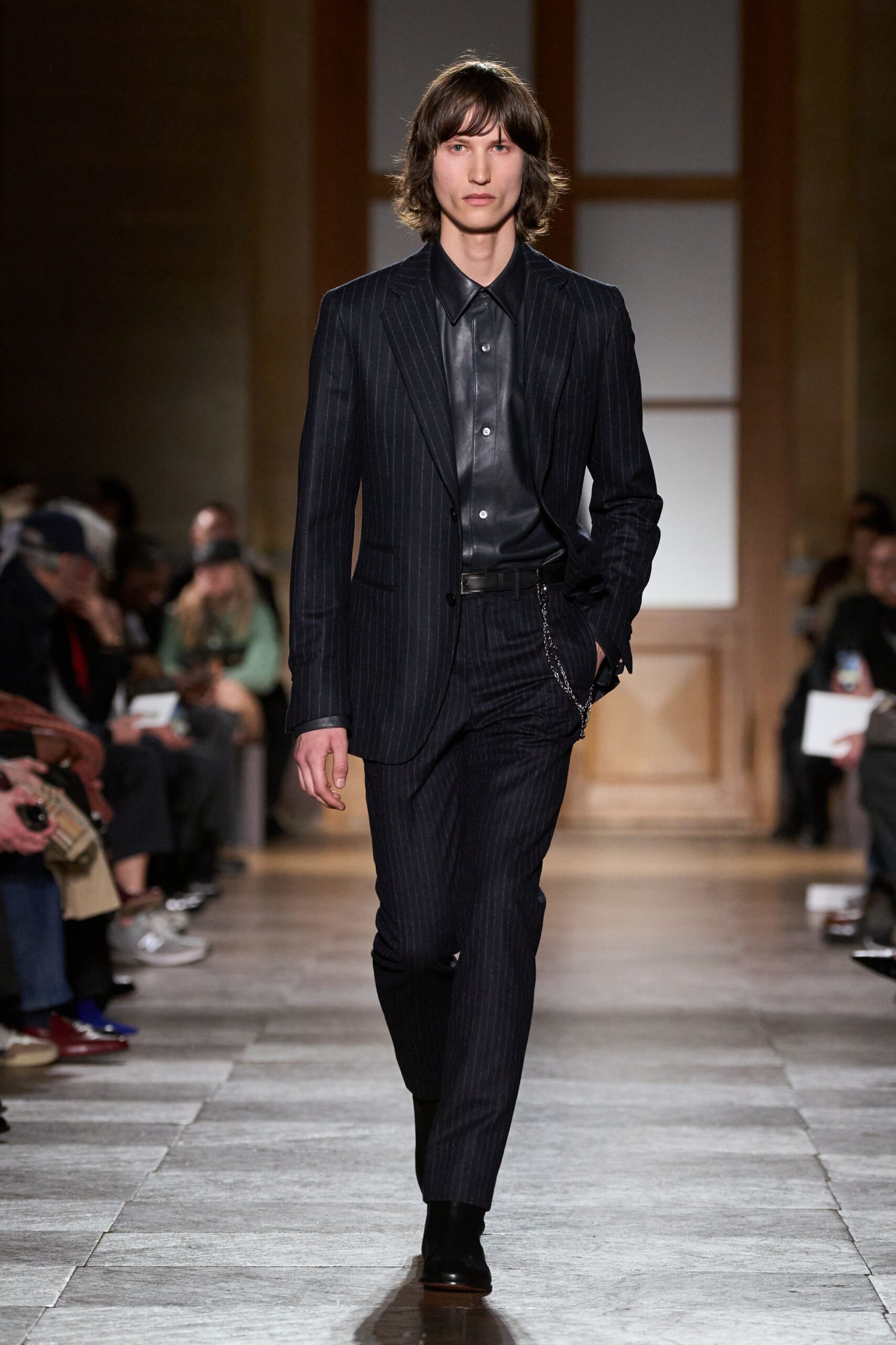 black tailored suit with silk shirt