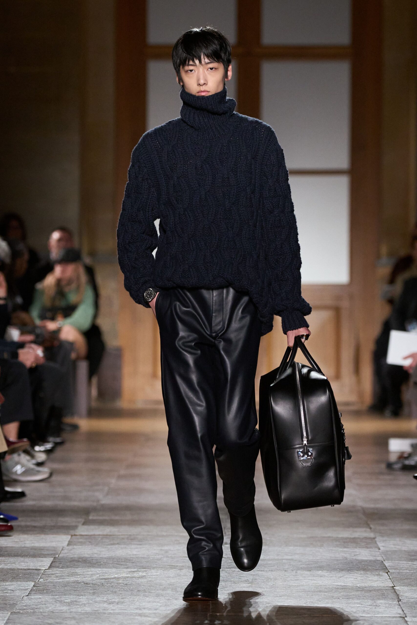 navy wool sweater with black leather pants