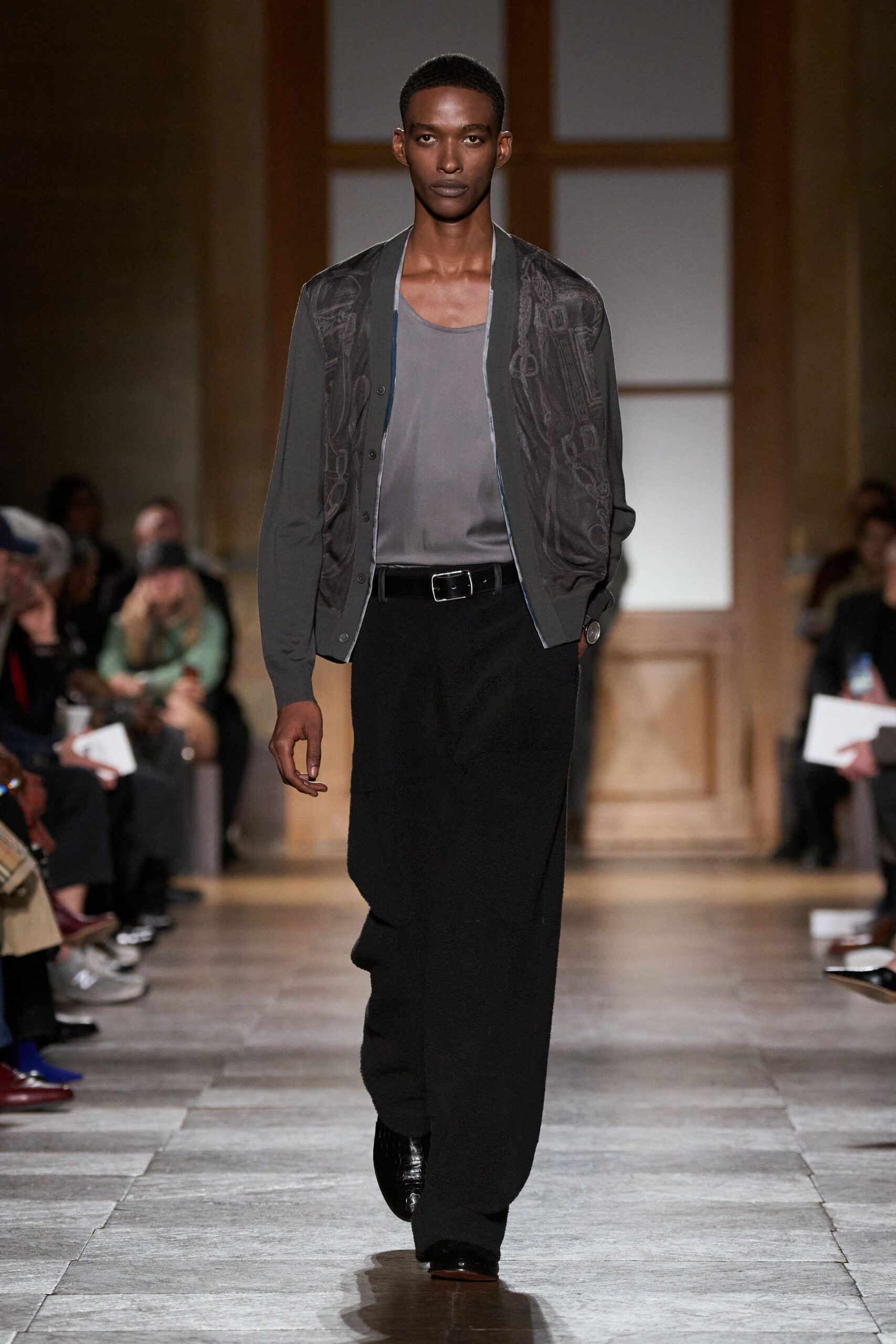 gray relaxed jacket with black pants