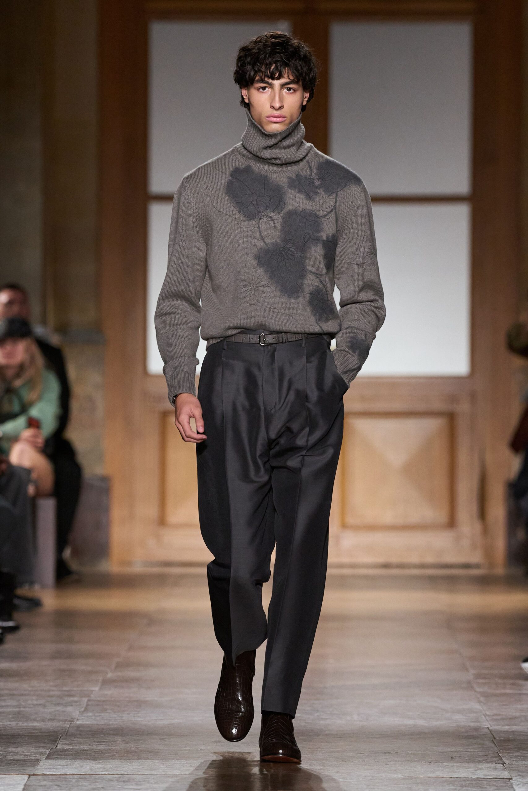 gray wool turtleneck sweater with black tailored pants