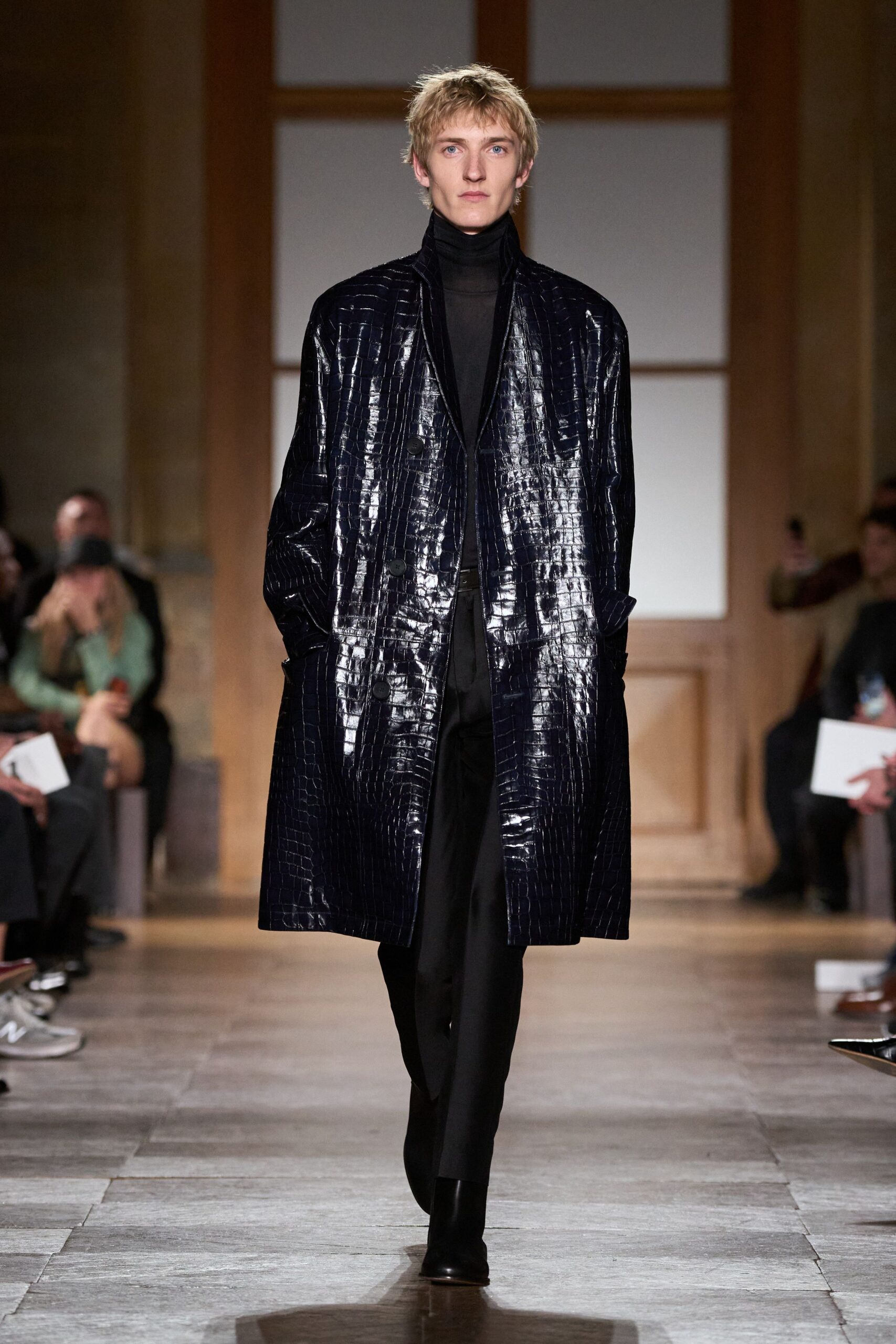 black vinyl coat with turtleneck