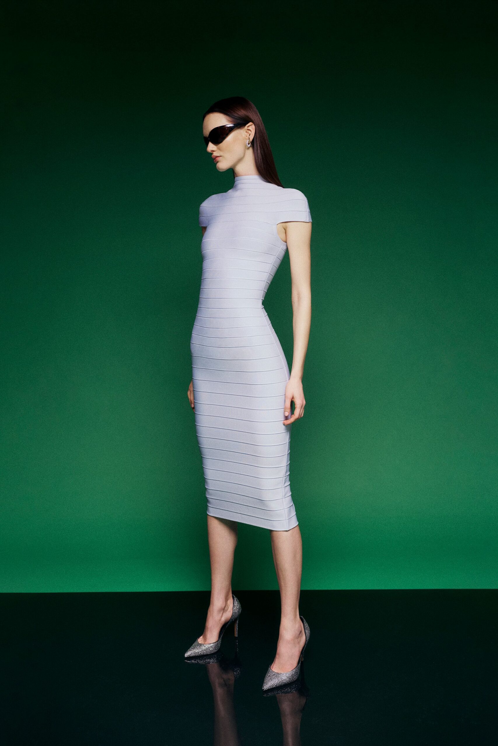 gray striped fitted midi dress
