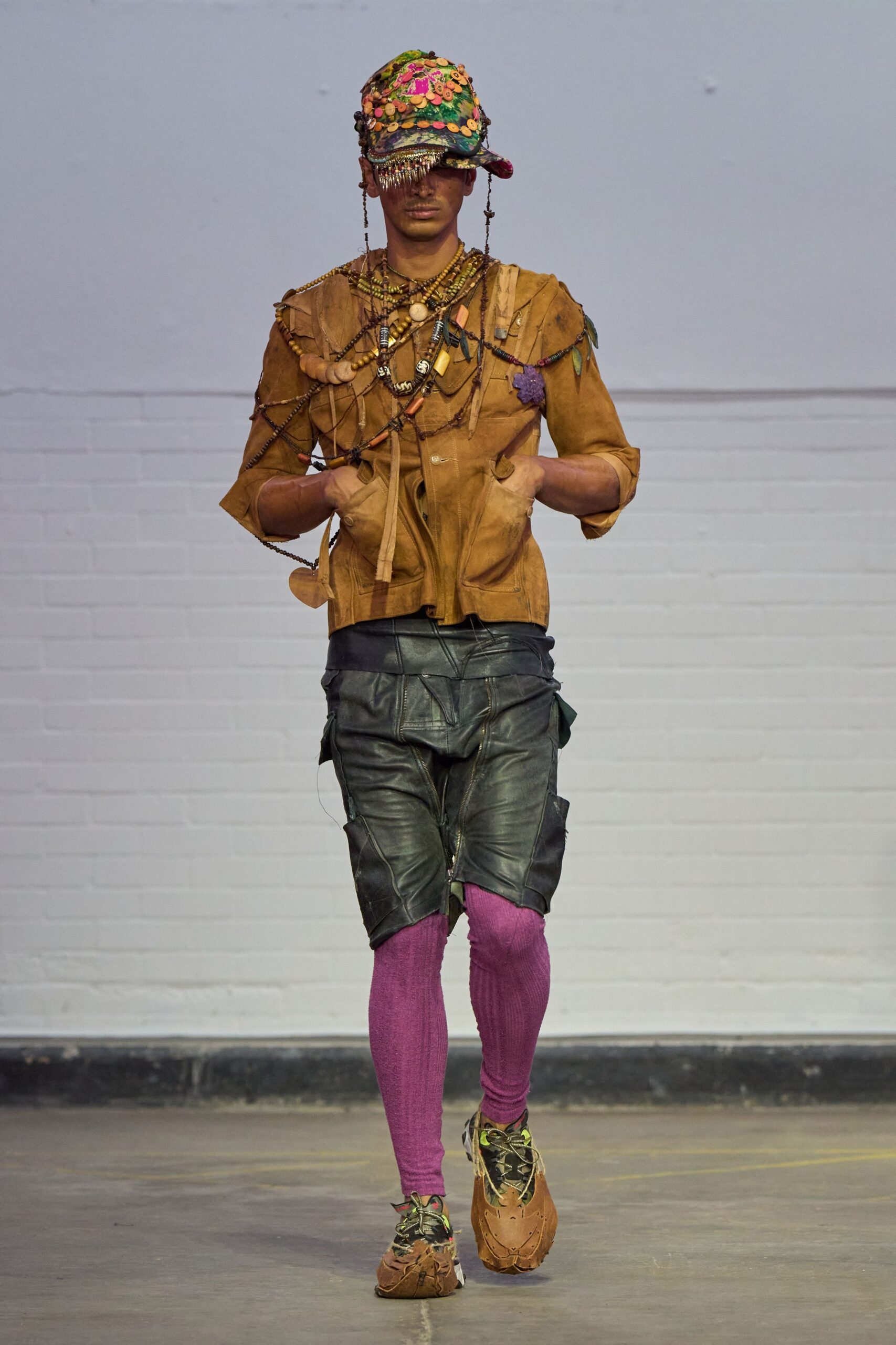 brown leather long-sleeve collared relaxed layered jacket