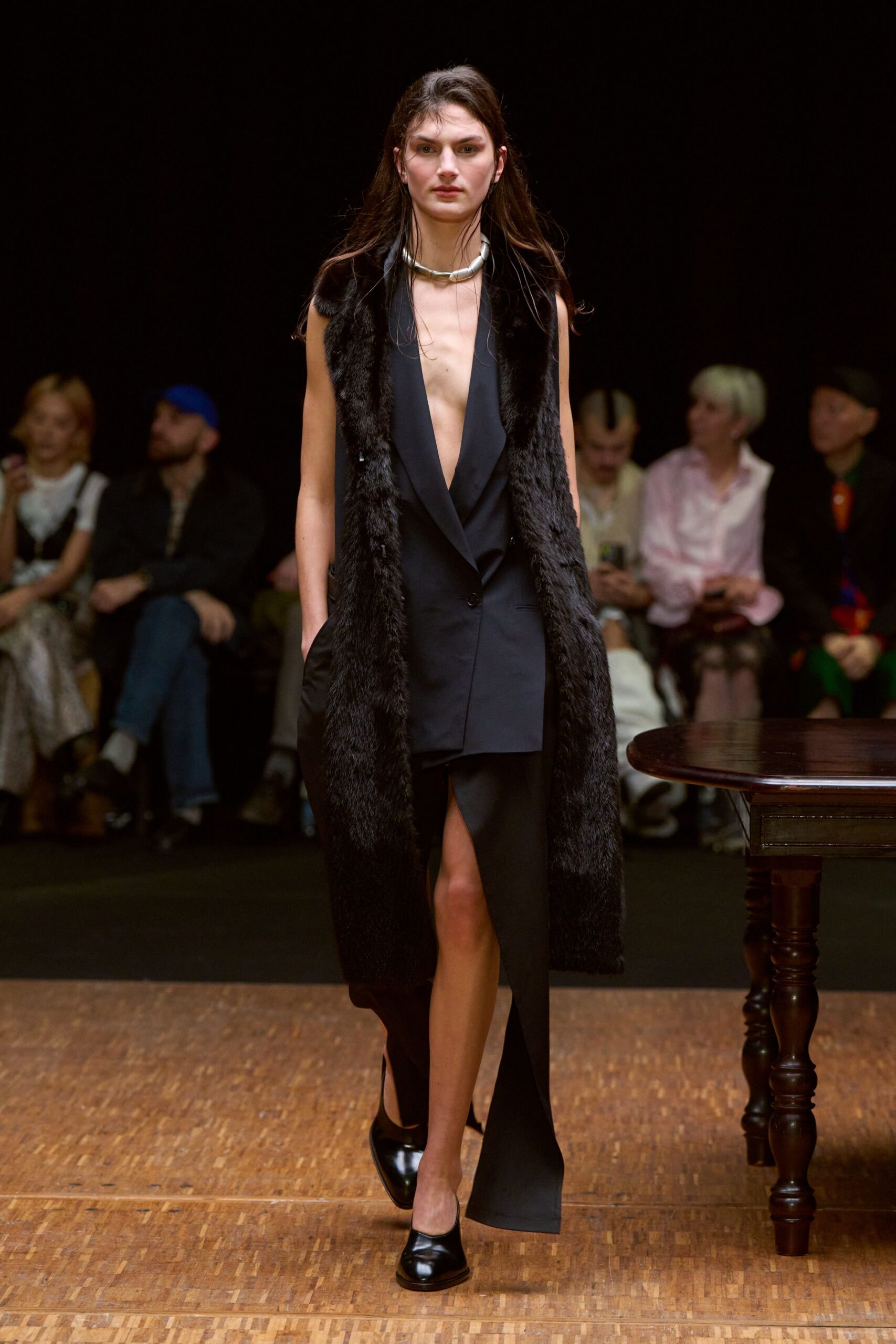 black silk midi dress with faux-fur coat