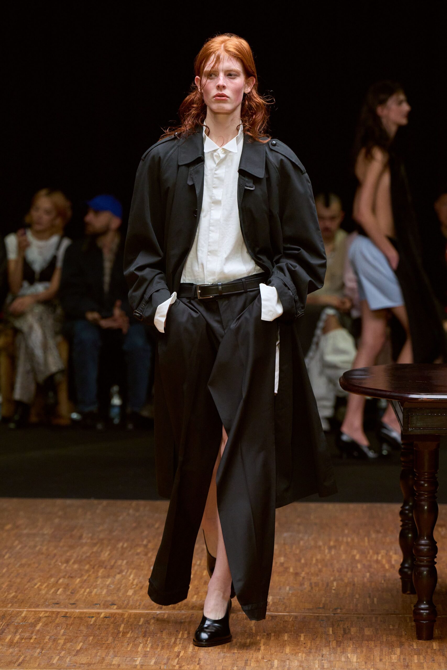 black coat white shirt black pants
