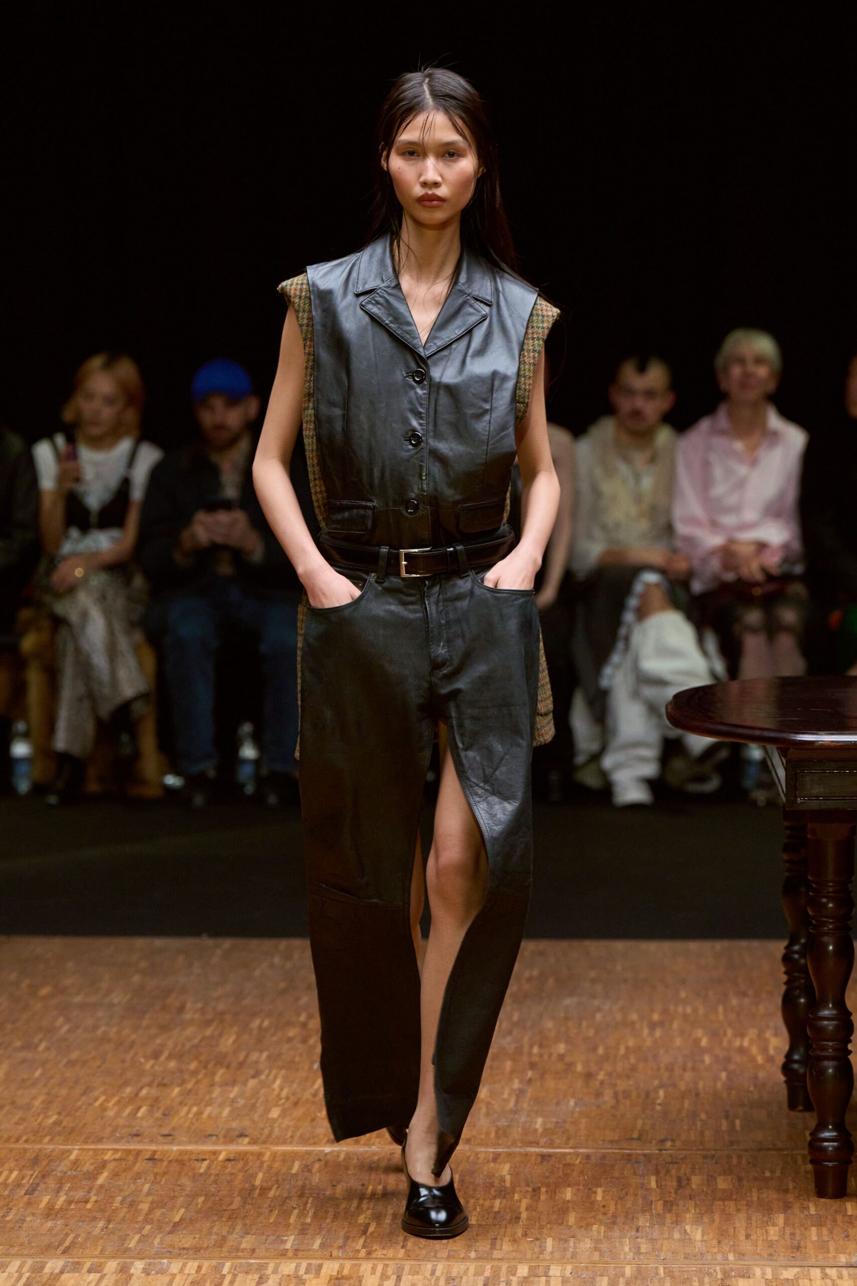 black leather sleeveless jumpsuit