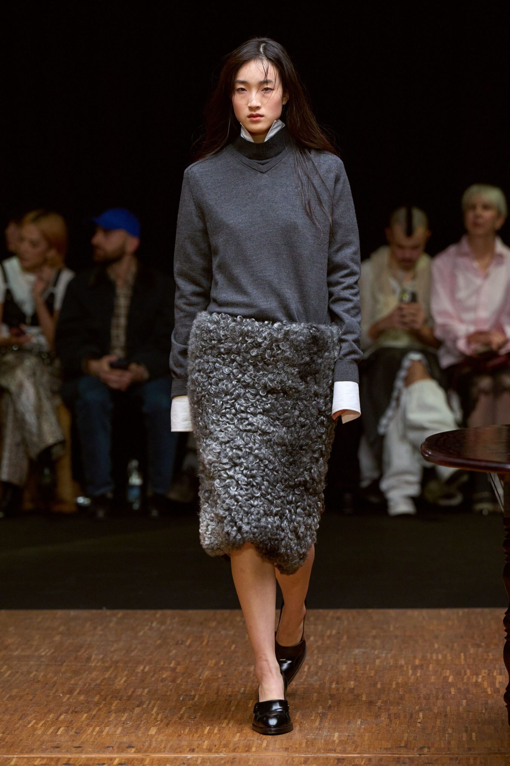 gray wool top with faux-fur skirt